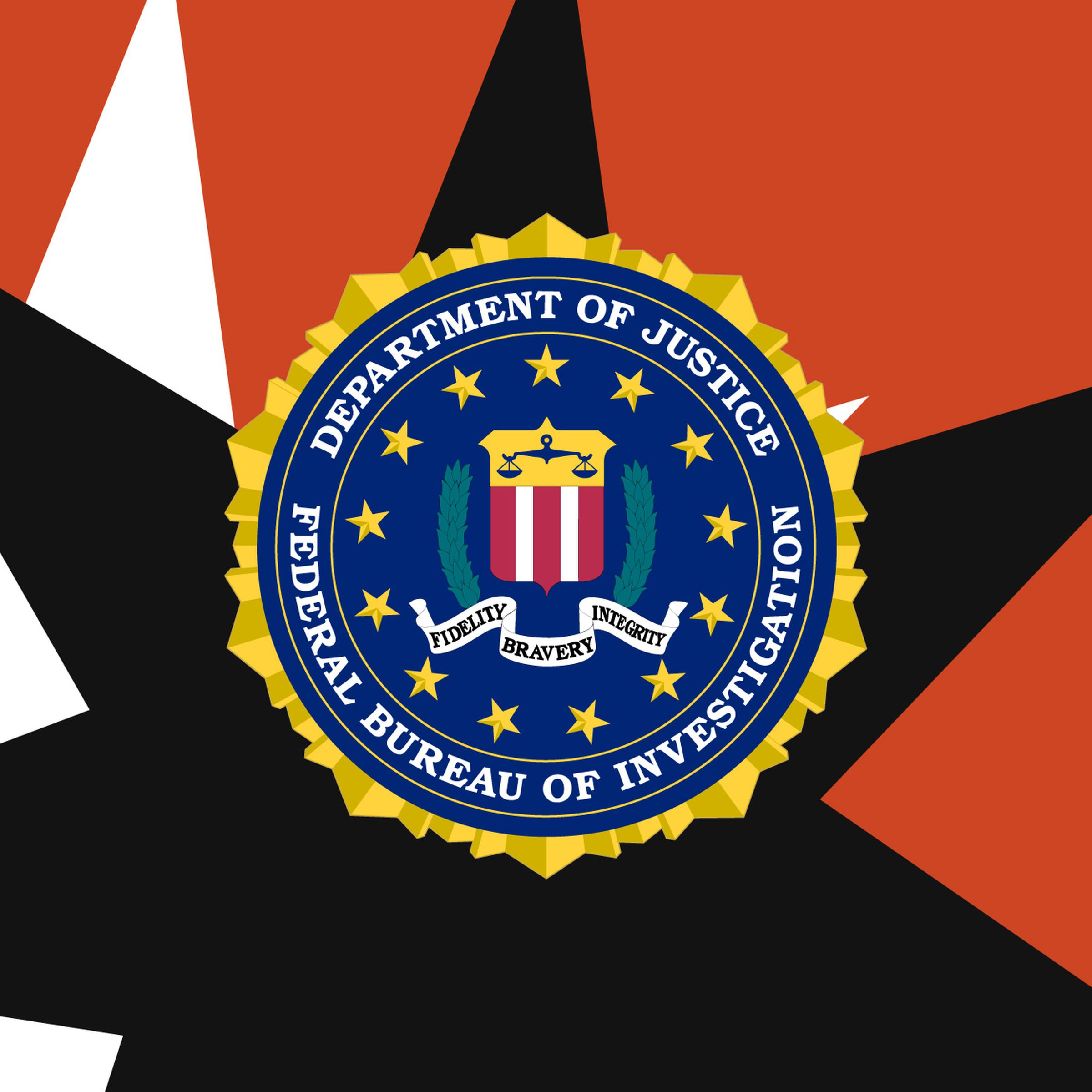 The FBI symbol atop a red, black and white background made of seven pointed stars.