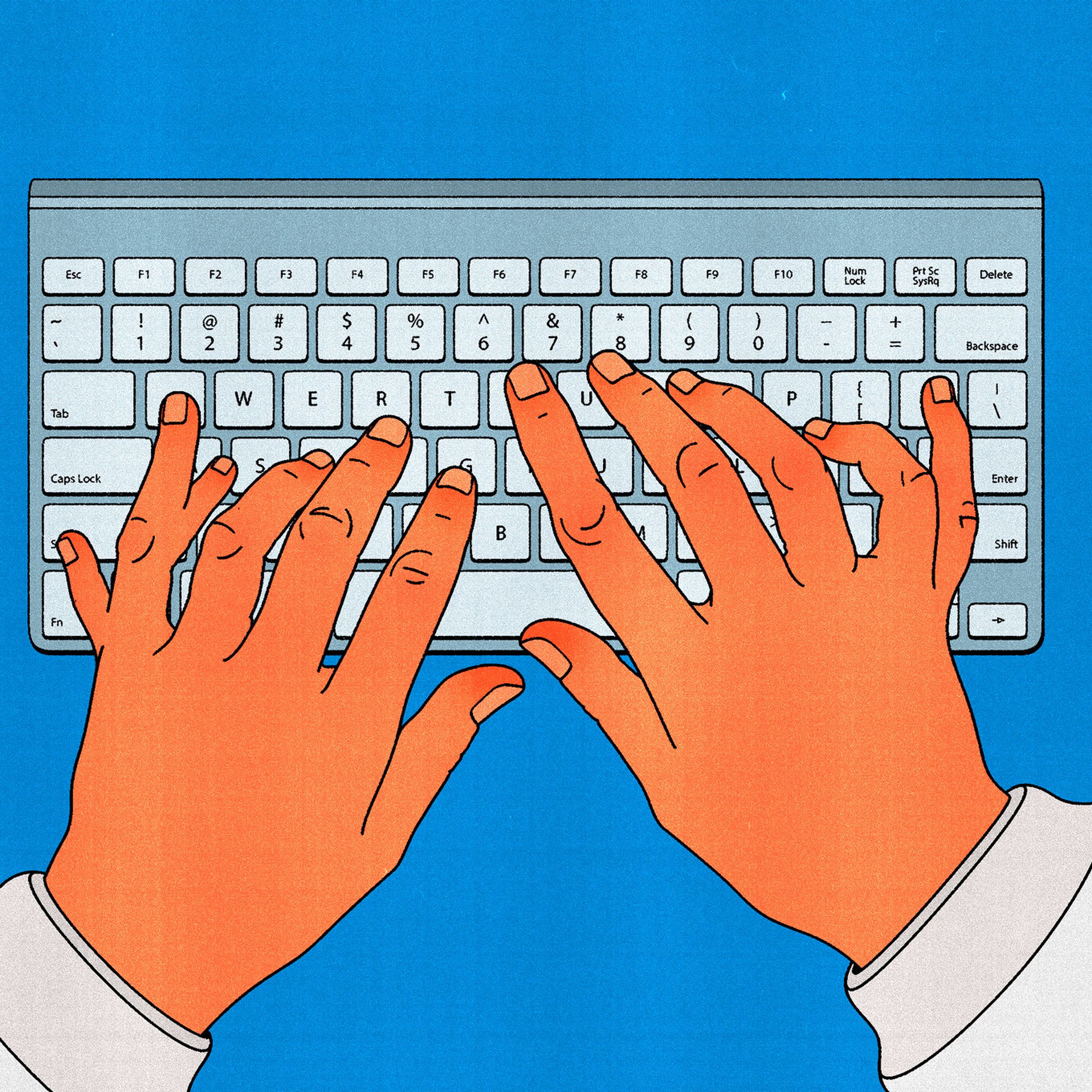 Hands with additional fingers typing on a keyboard.