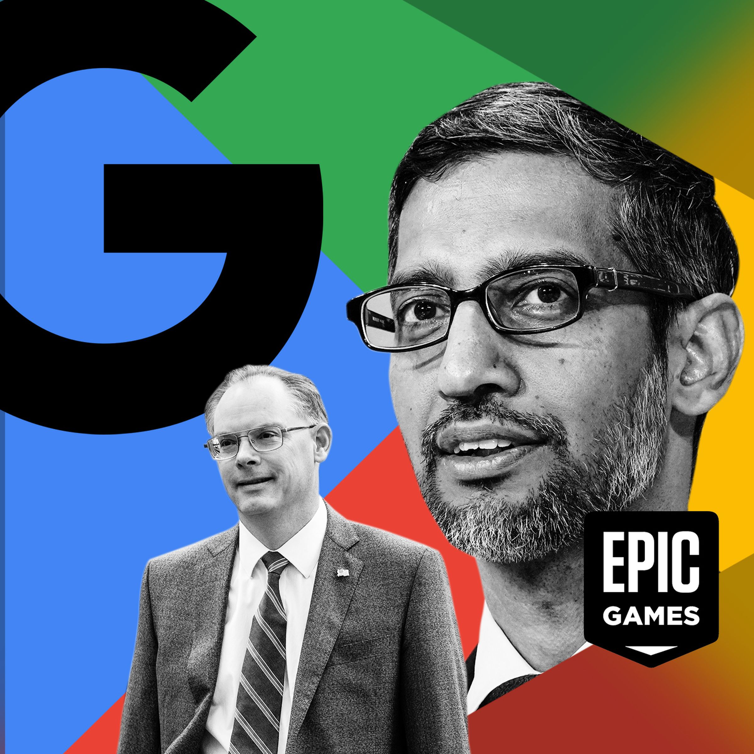 Photo illustration of Sundar Pichai and Tim Sweeney with the Google logo, Google Play logo, and the Epic Games logo.