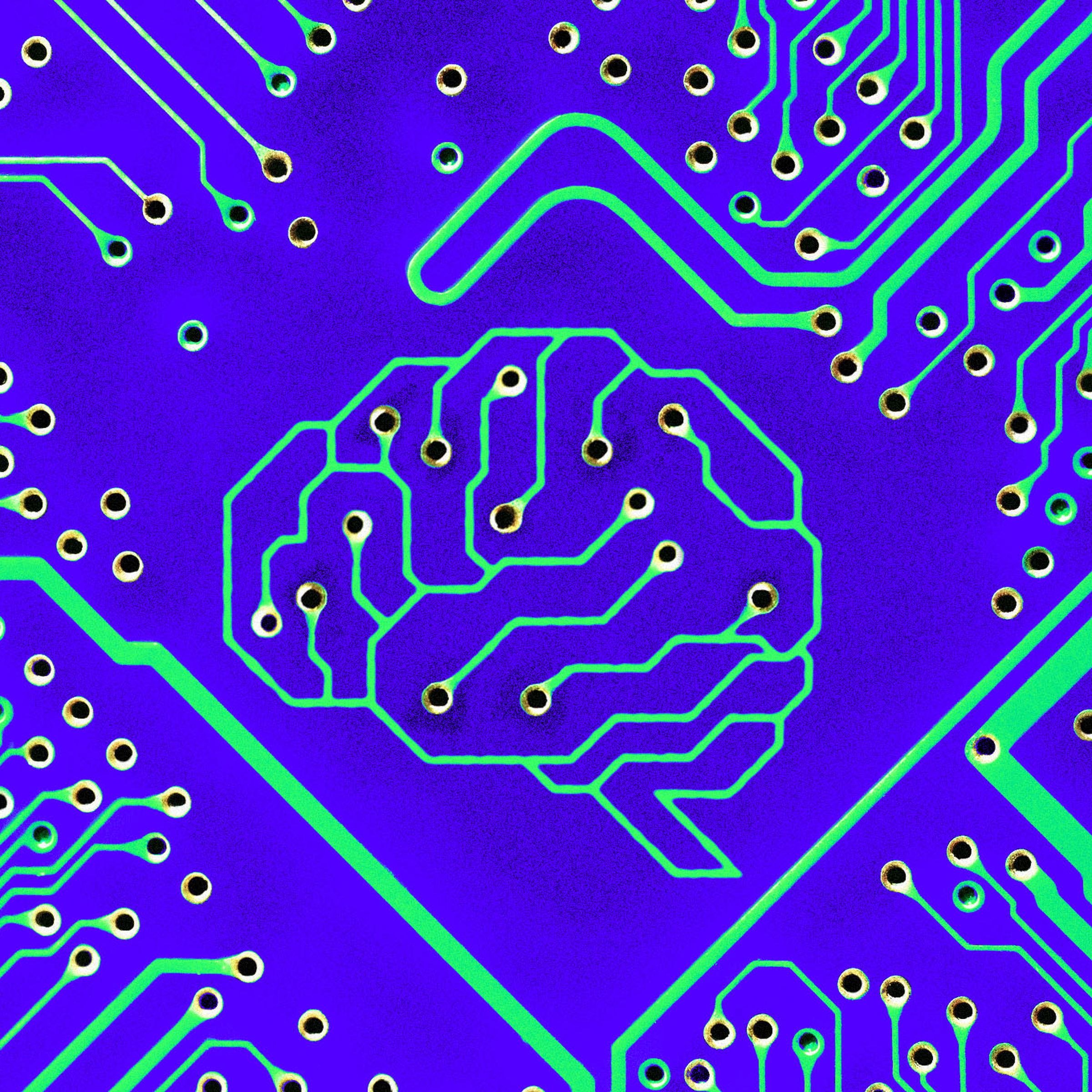 Photo illustration of the shape of a brain on a circuit board.