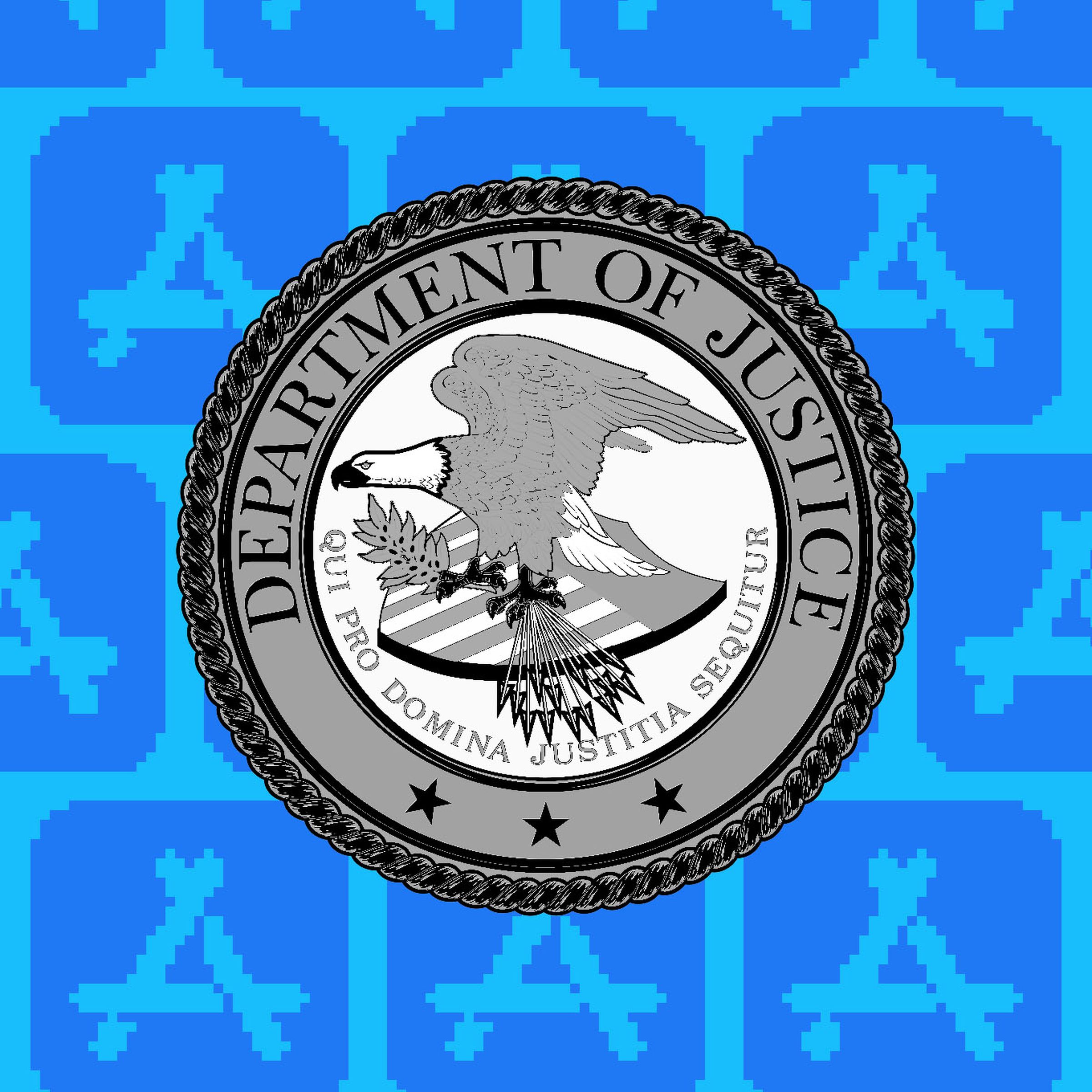 Photo collage of the Department of Justice seal in front of the App Store logo.