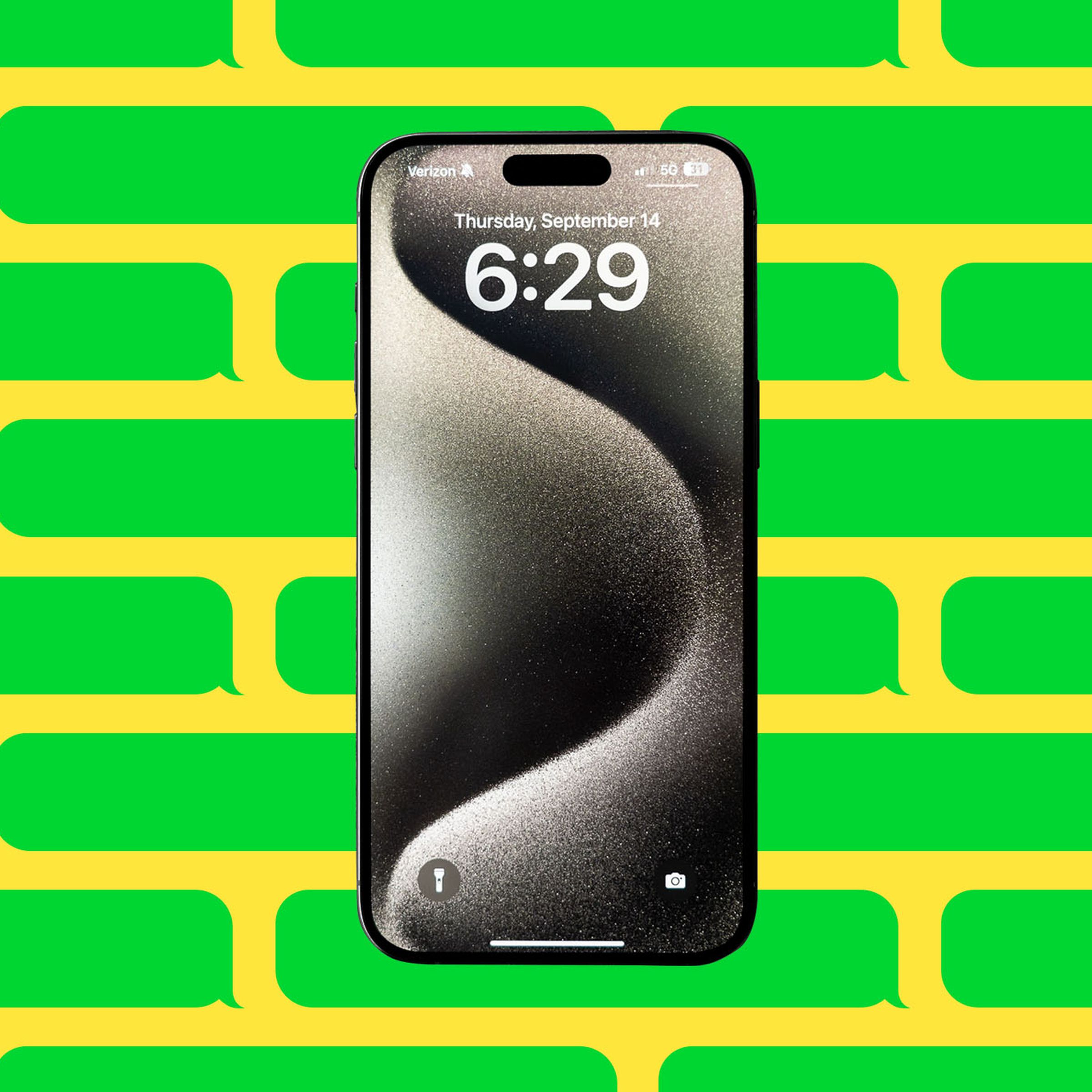 Illustration of an iPhone surrounded by green message bubbles.