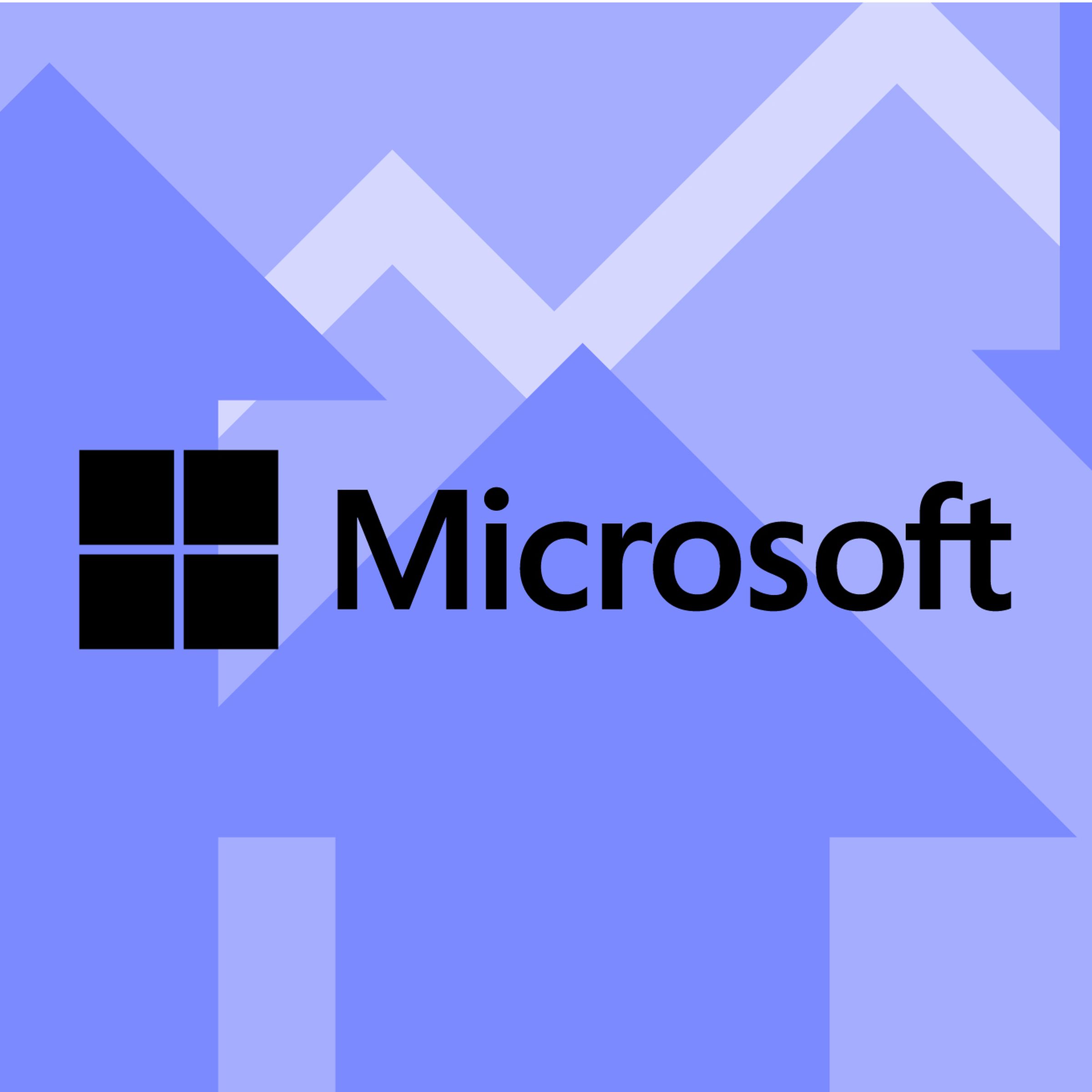 Vector collage of the Microsoft logo among arrows and lines going up and down.