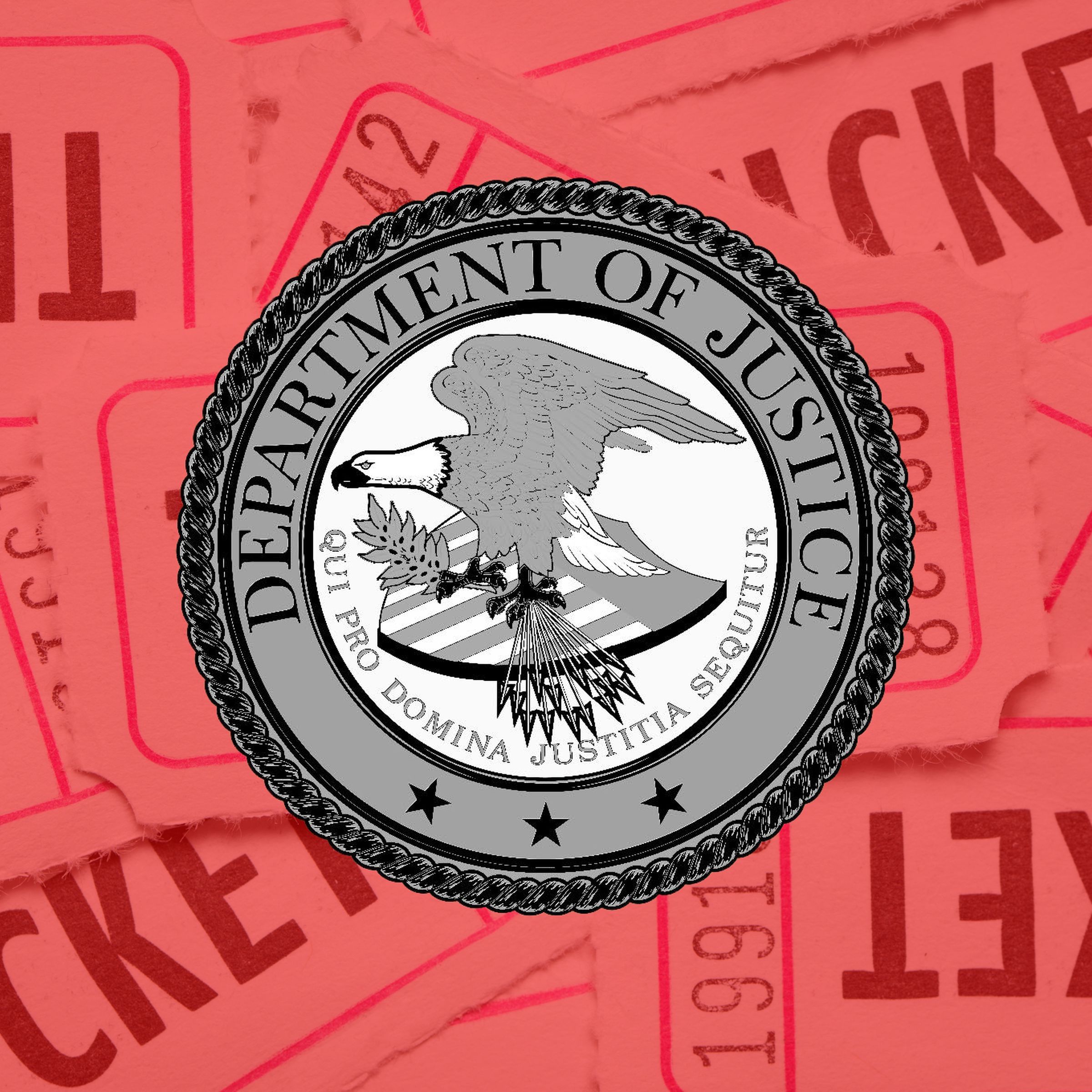 The US Department of Justice logo above a red ticket background.