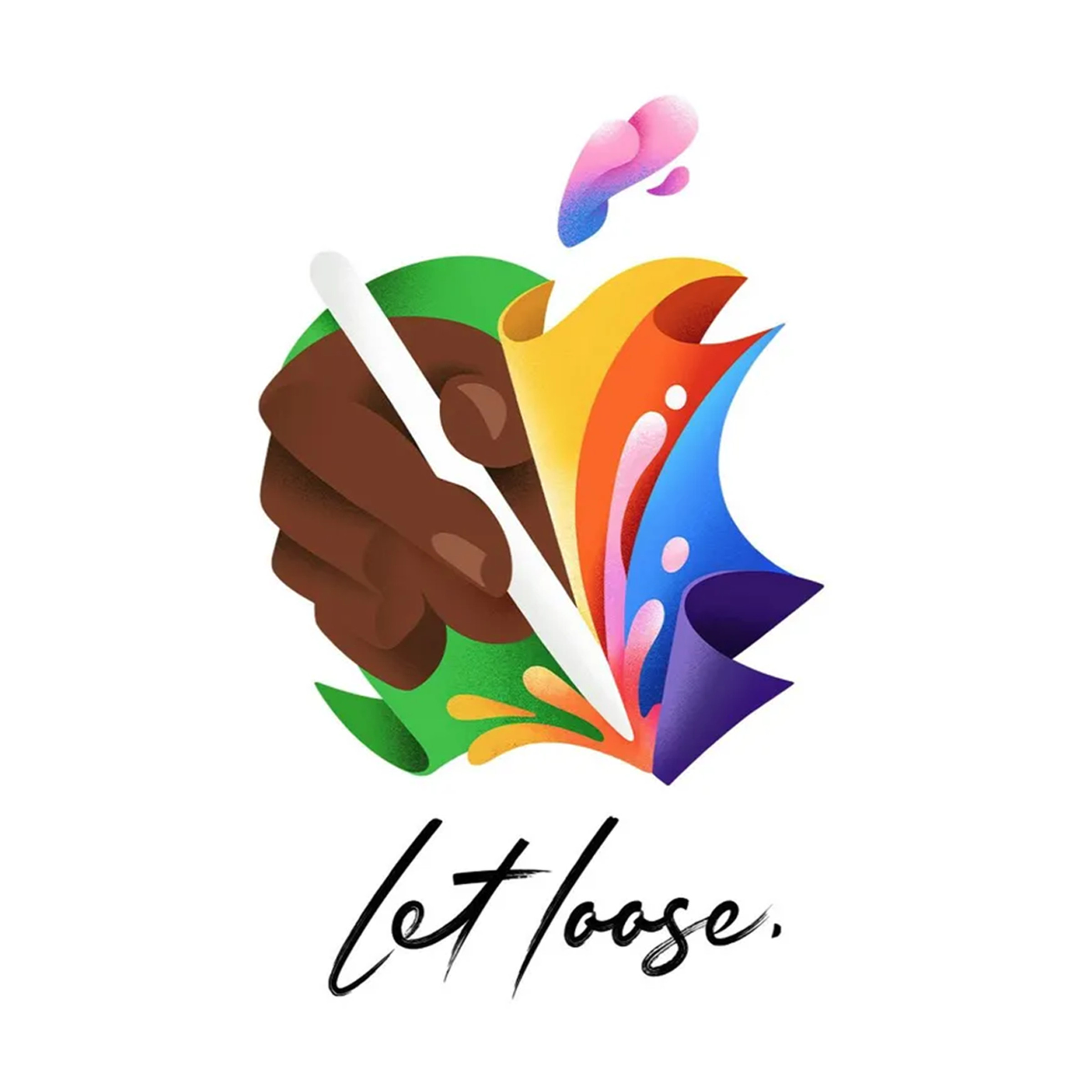 A version of the Apple logo featuring a hand holding an Apple Pencil and the words “Let loose.”