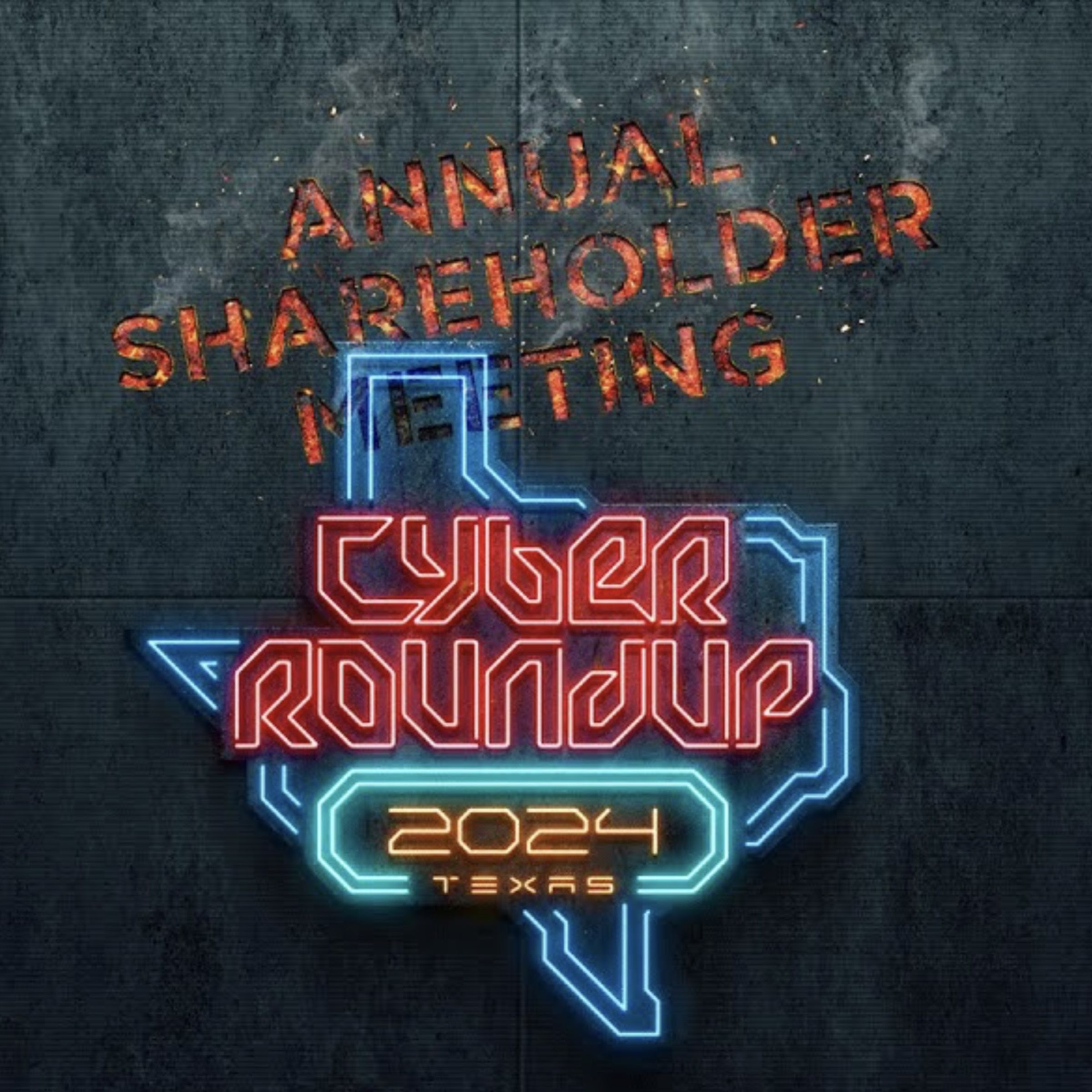 logo for Tesla cyber roundup annual shareholder meeting 2024, its a neon Texas-shaped sign