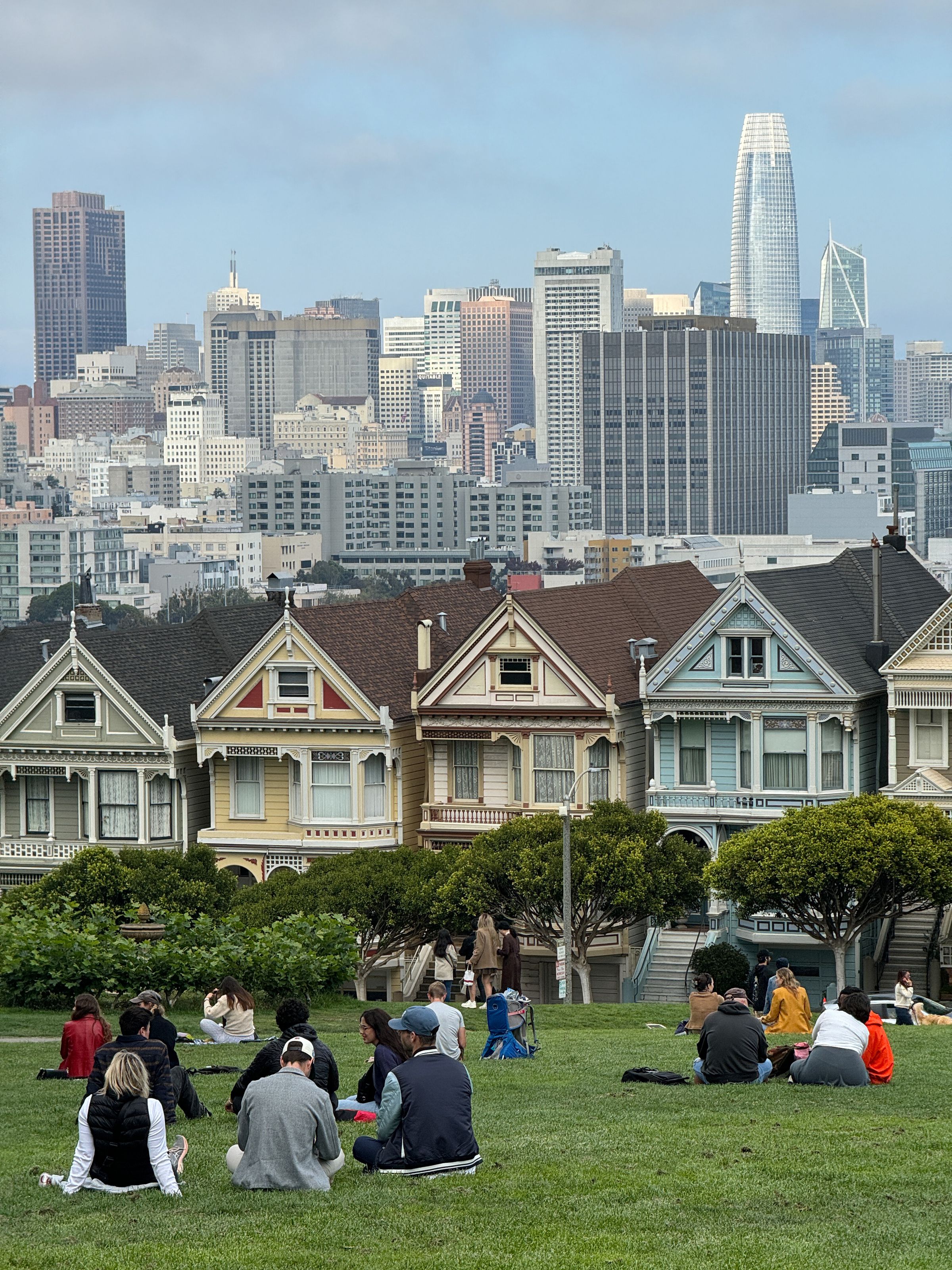 Photo of San Francisco skyline and painted ladies with people sitting in the park in foreground.