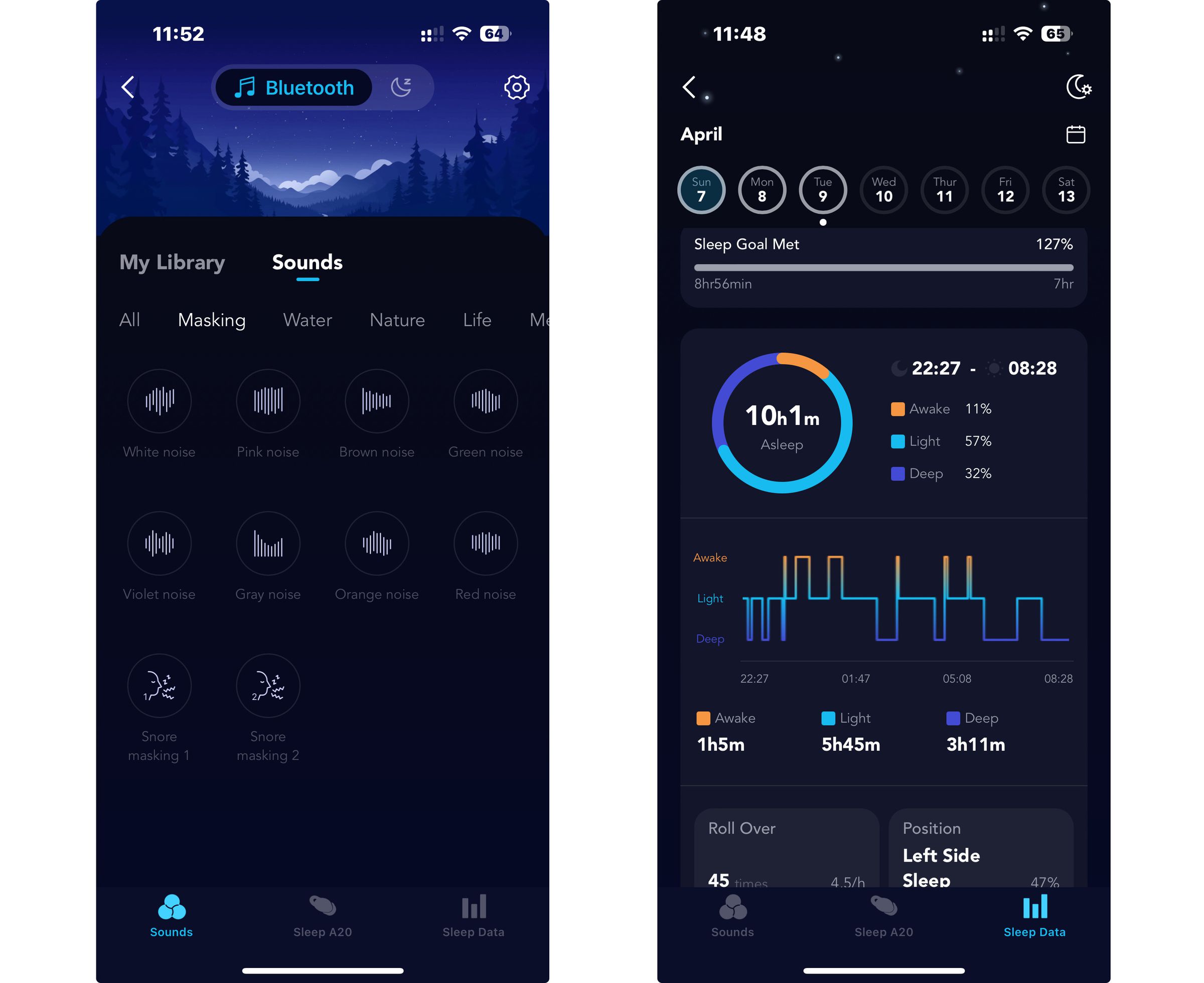 Screengrabs from the Soundcore app showing (left) available noise masking sounds and (right) data collected by Anker’s sleep algorithm showing me rolling over 45 times... my poor wife.