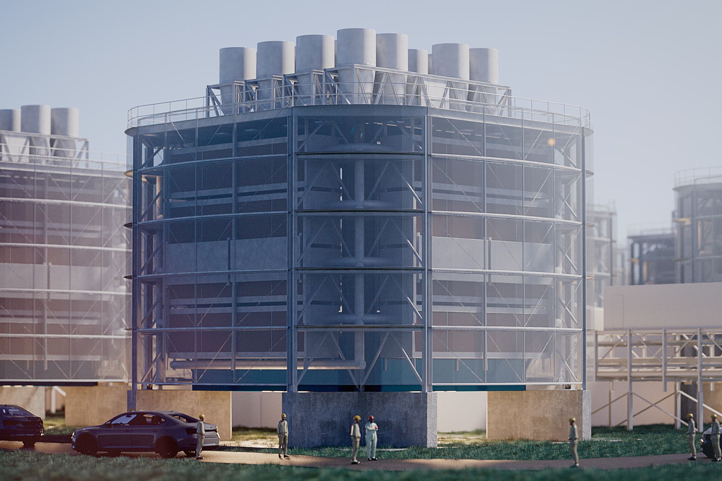 A rendering of a large cube-shaped industrial facility.