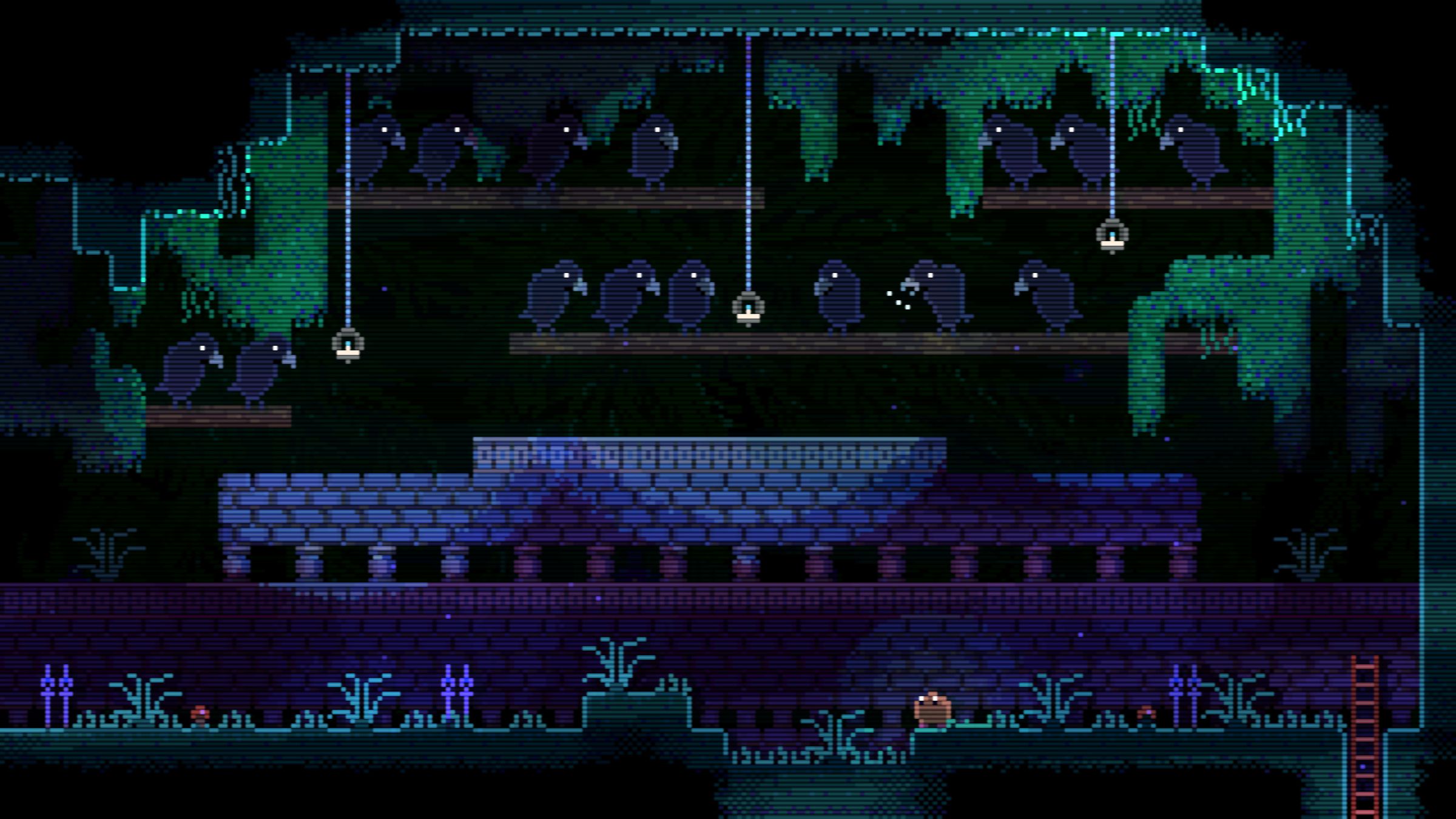 Screenshot from Animal Well featuring a room full of crows looking down menacingly at a little meatball creature.