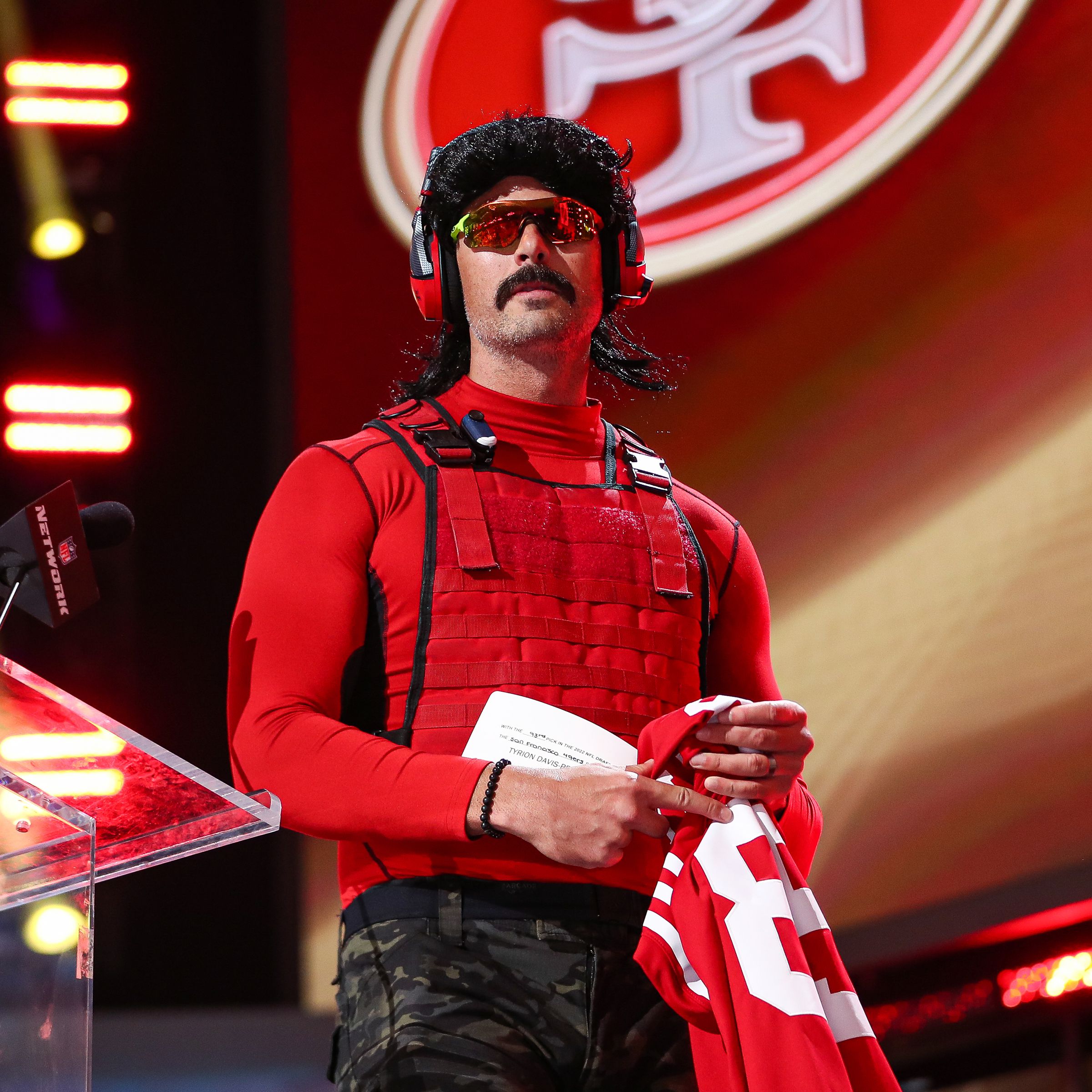 Video game streamer Dr. DisRespect presents on stage during round three of the 2022 NFL Draft on April 28th, 2022, in Las Vegas, Nevada.