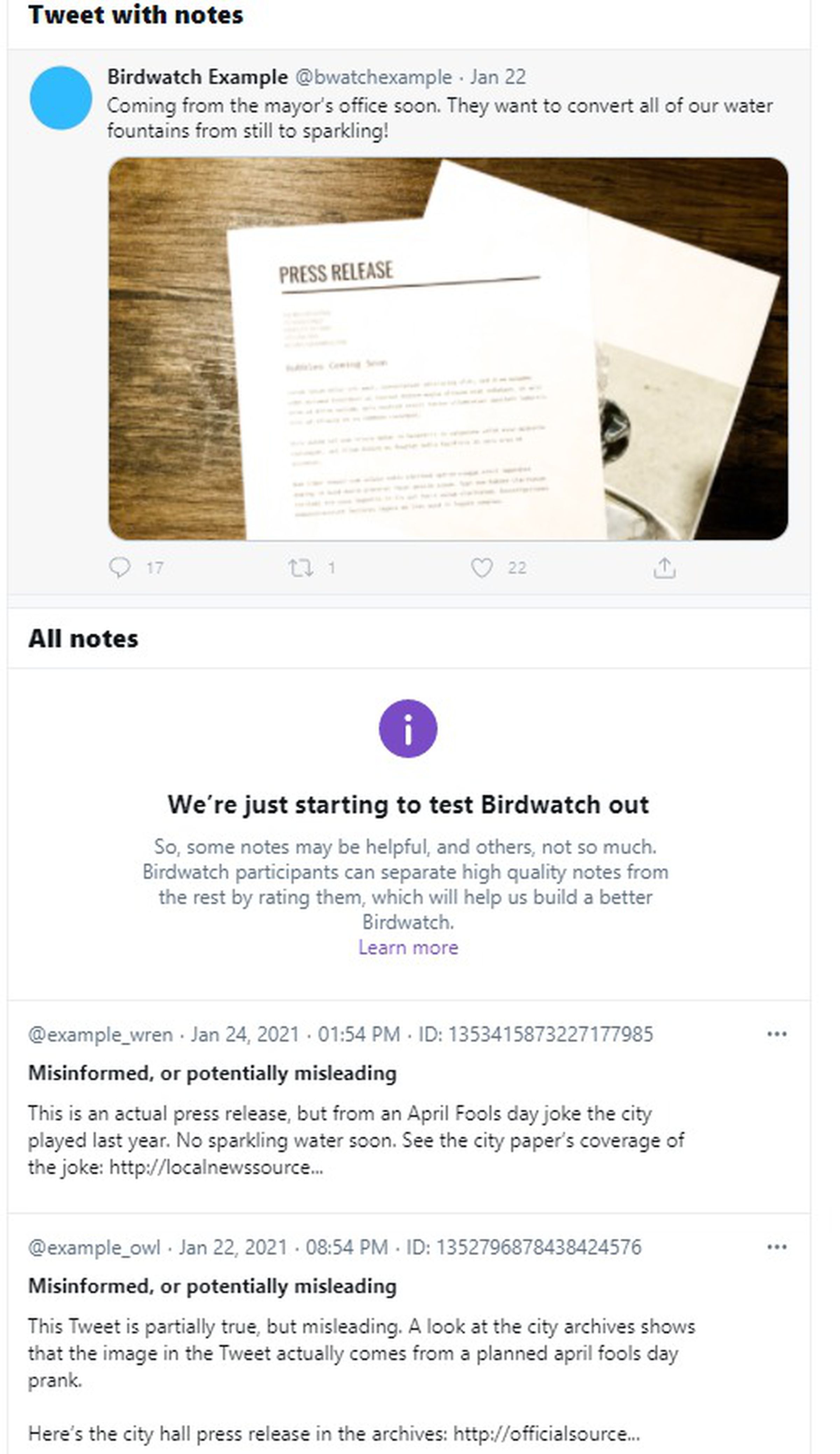 An example of what tweets with Birdwatch notes would look like.
