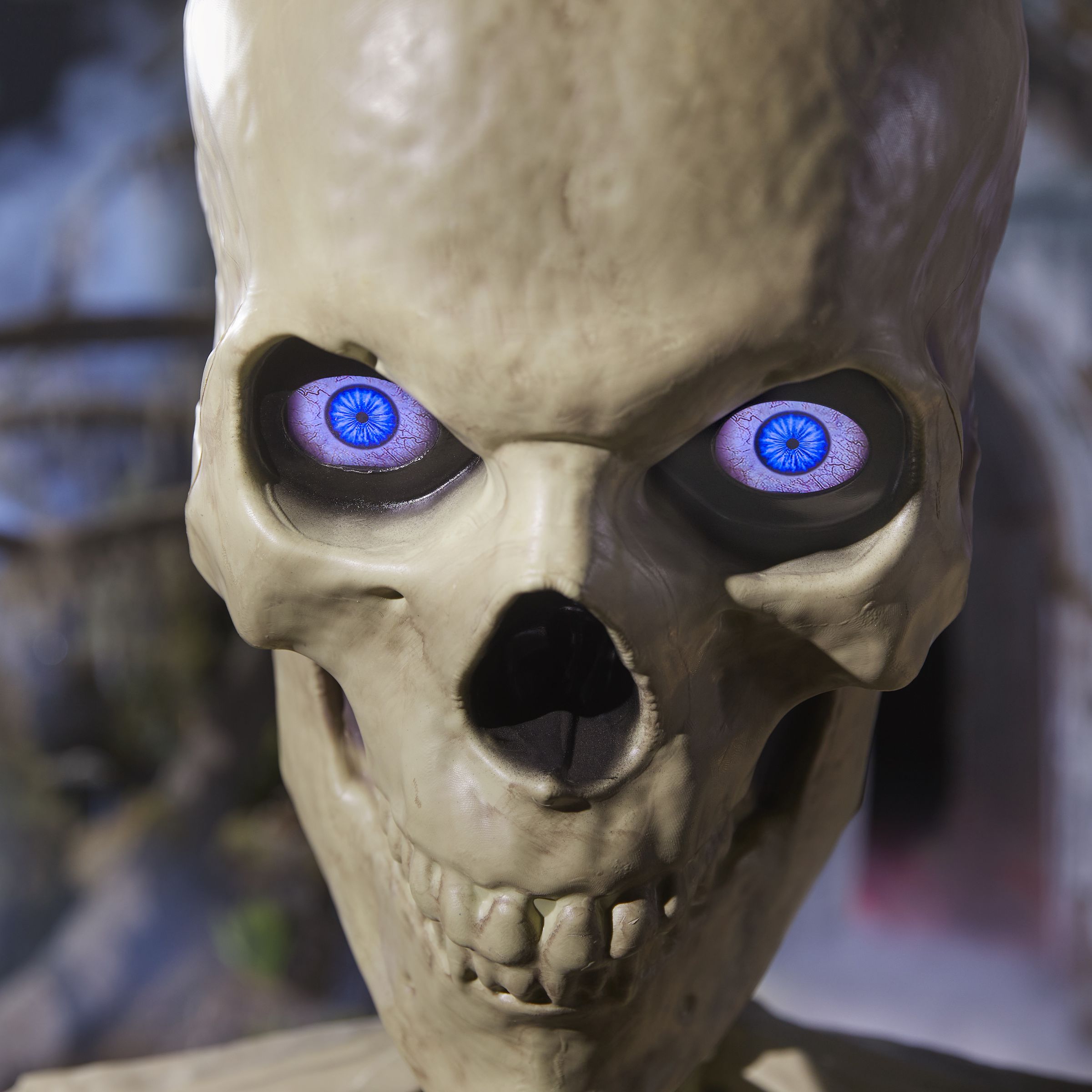 A closeup photo of the Home Depot skeleton’s LED eyes.