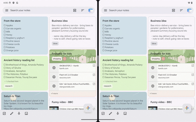 Animated image showing two Google Keep windows being used on a single Android device.