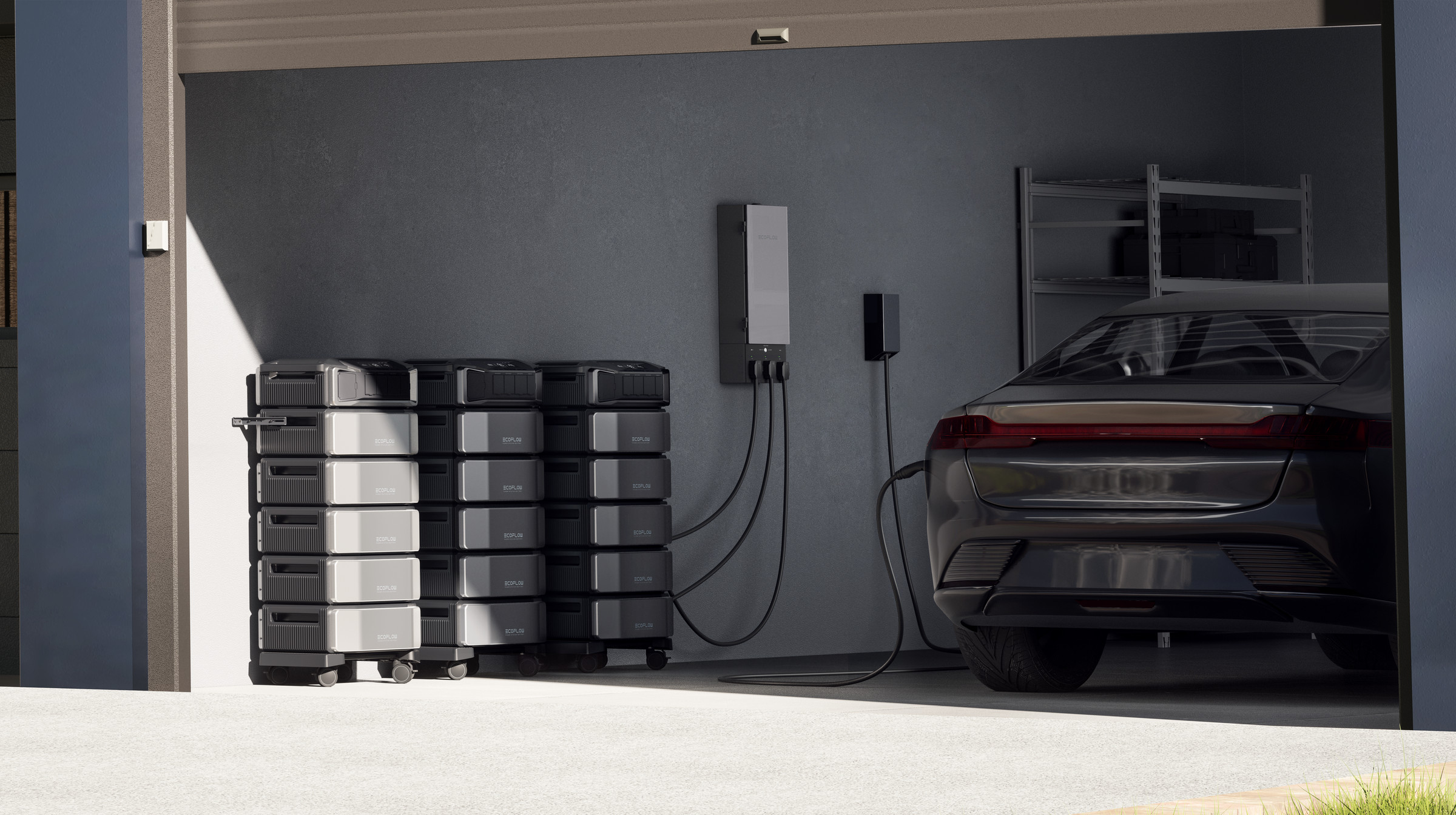 A photo of a garage with three inverters and 15 batteries connecting to EcoFlow’s Smart Home Panel 2.