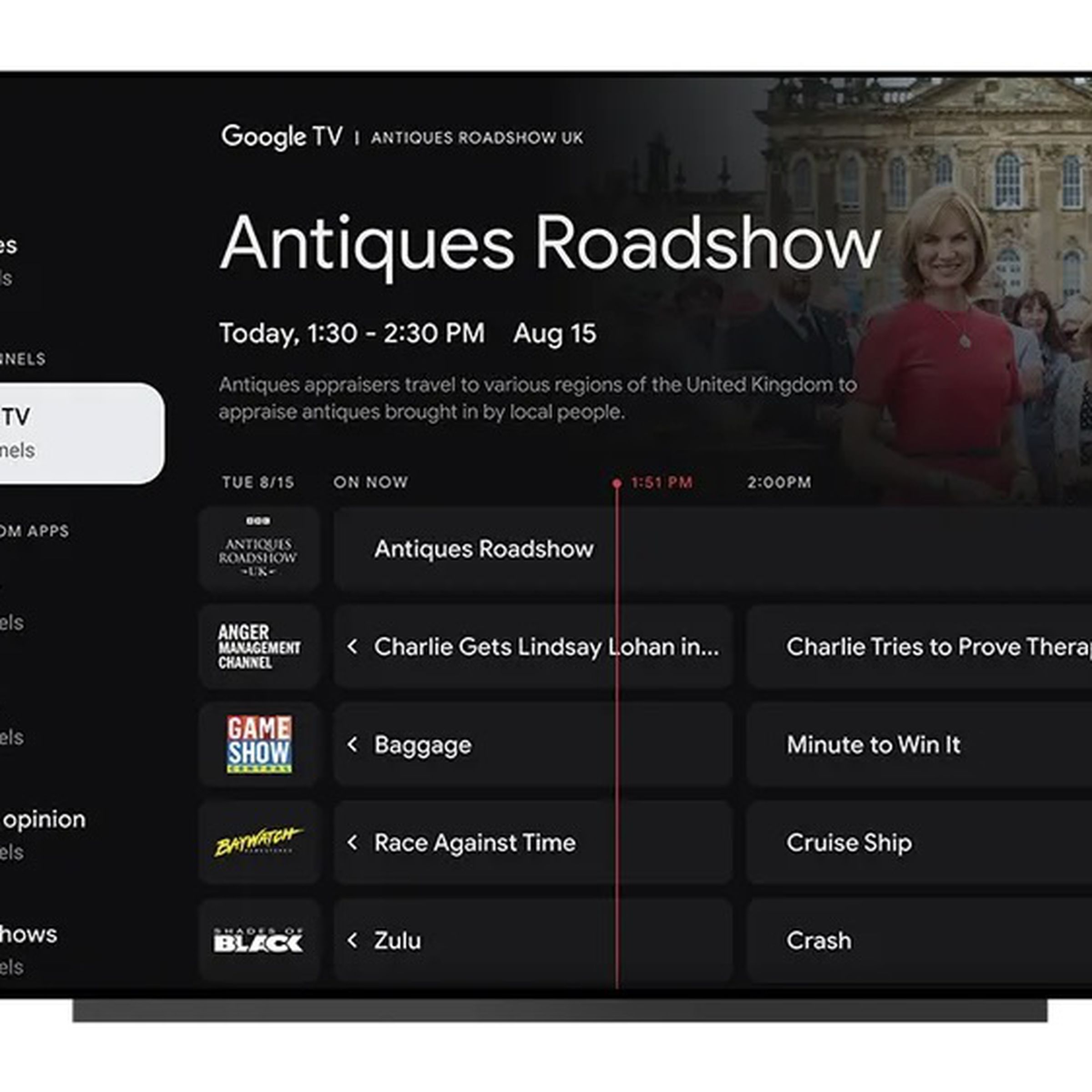 Google TV interface showing a preview of Antiques Roadshow