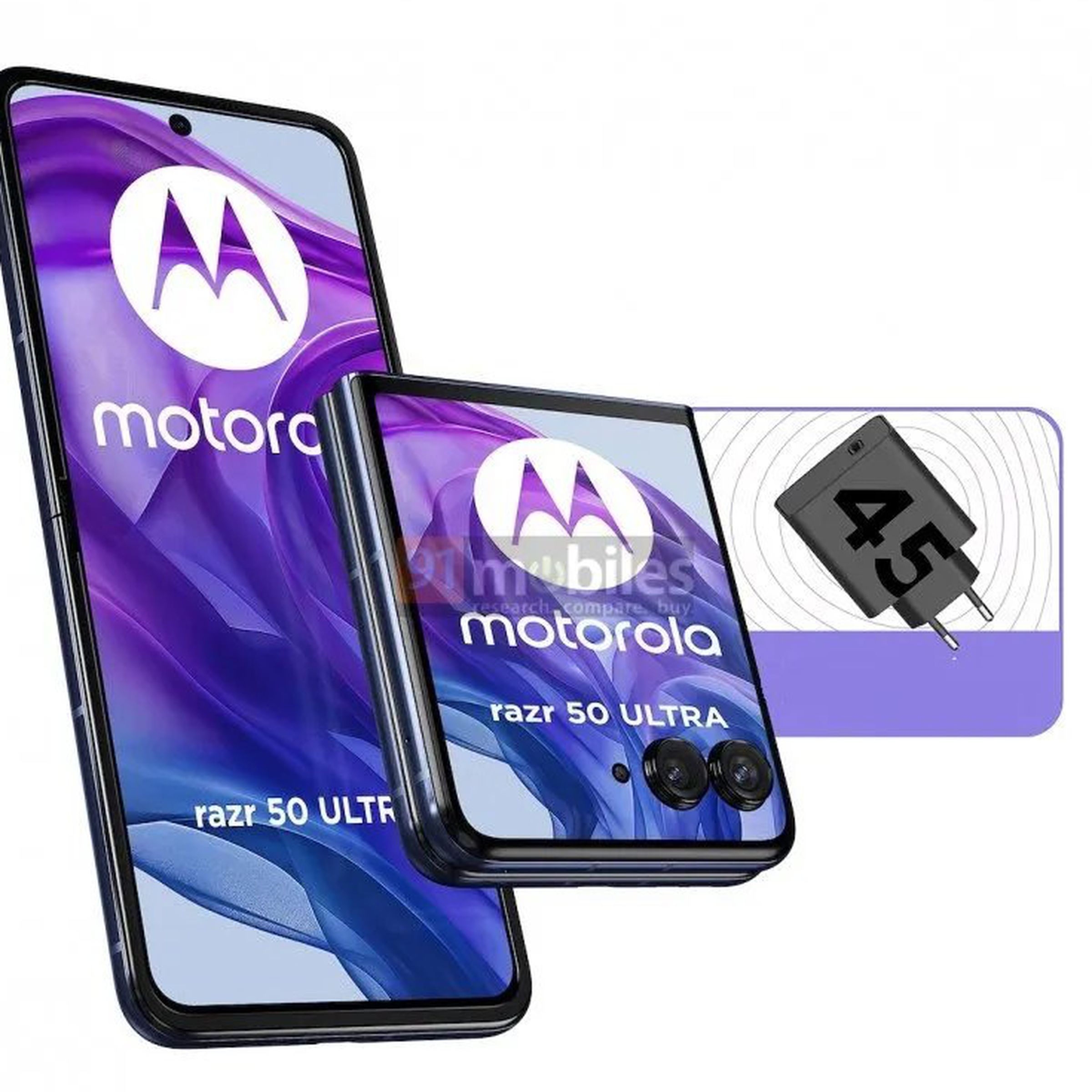 Rendered image showing a Motorola Razr 50 5G Ultra foldable phone both open, closed, and alongside its charger,