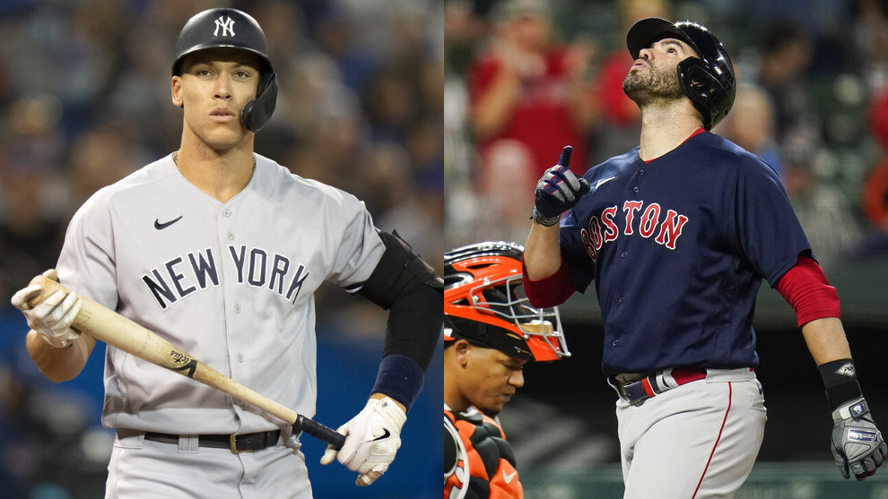 New York Yankees right fielder Aaron Judge and Boston Red Sox designated hitter J.D. Martinez.