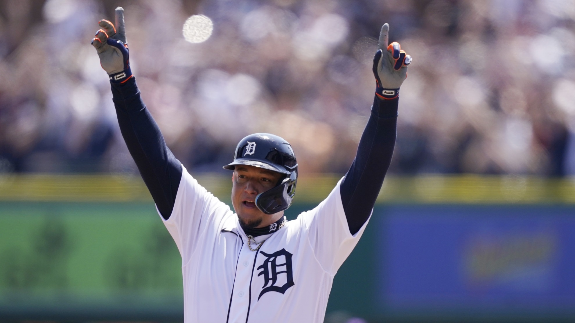 Detroit Tigers designated hitter Miguel Cabrera reacts on first base after his 3,000th career hit.