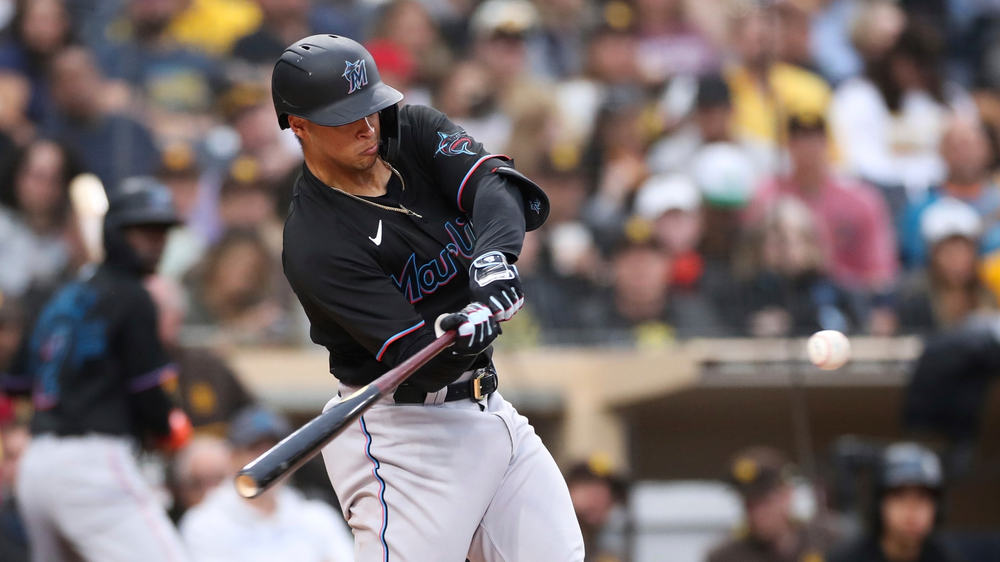 Miami Marlins Joe Dunand hits a solo home run against San Diego Padres