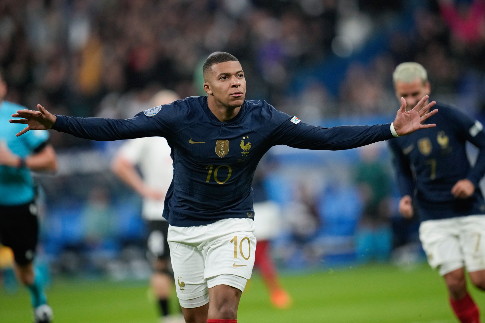 Frances Kylian Mbappe celebrates scoring his sides first goal during the UEFA Nations League soccer match between France and Austria.