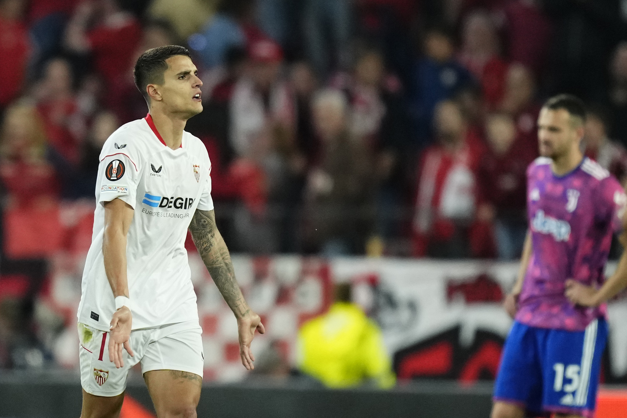 Lamela celebrates scoring for Sevilla against Juventus in the Europa League semi-final