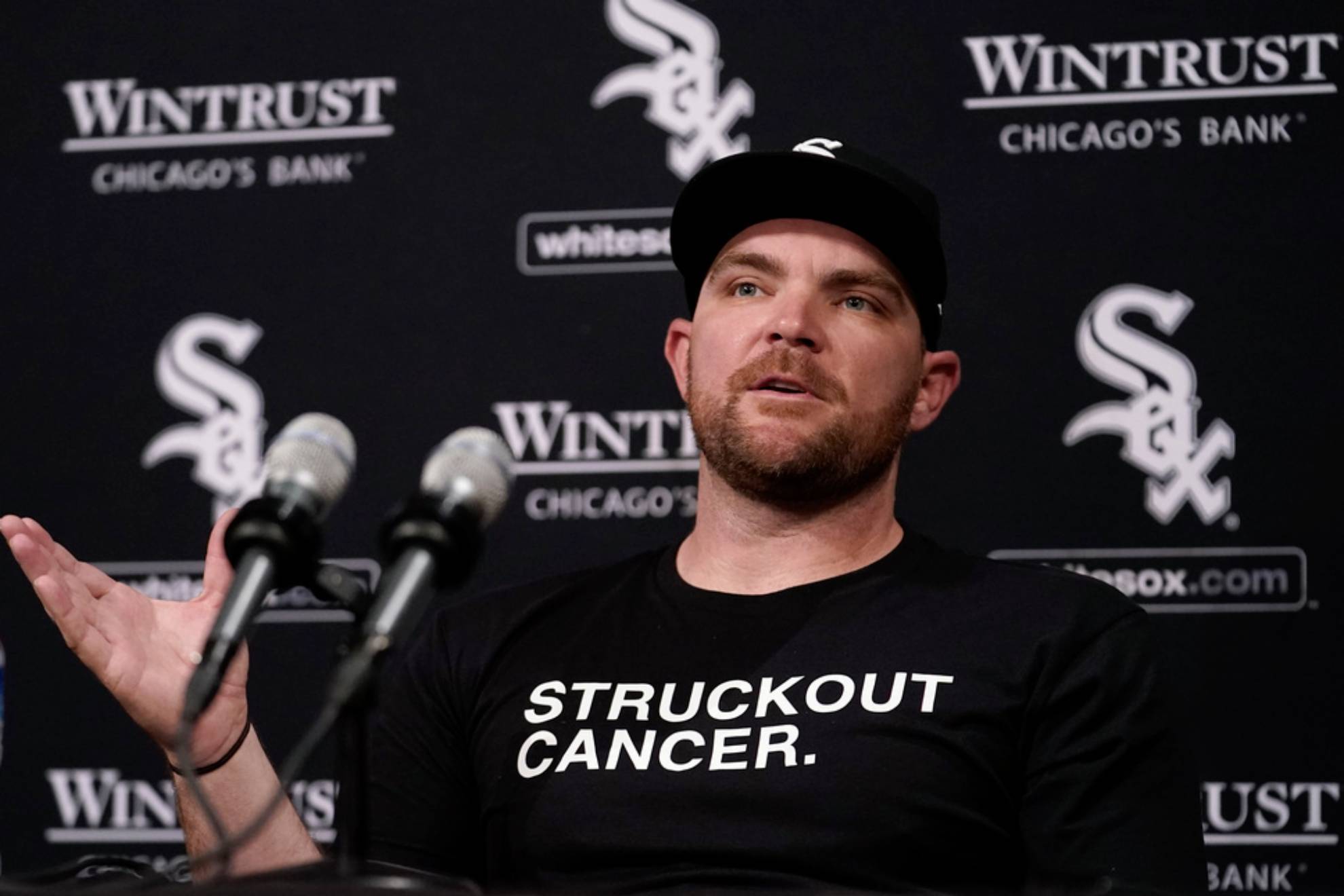 Chicago White Soxs Liam Hendriks talks to reporters before a baseball game between the White Sox and the Minnesota Twins