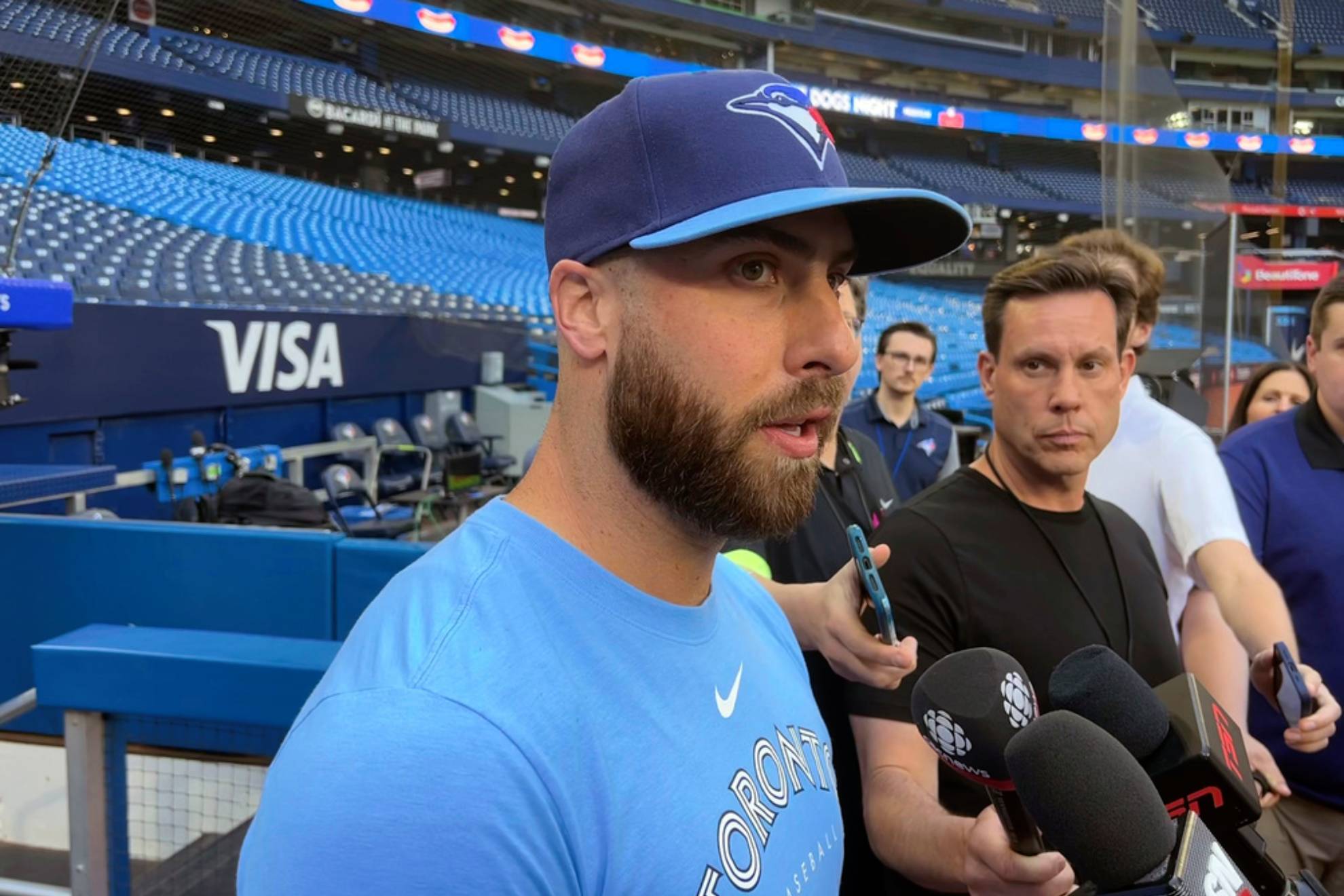 oronto Blue Jays relief pitcher Anthony Bass speaks to gives a statement to media