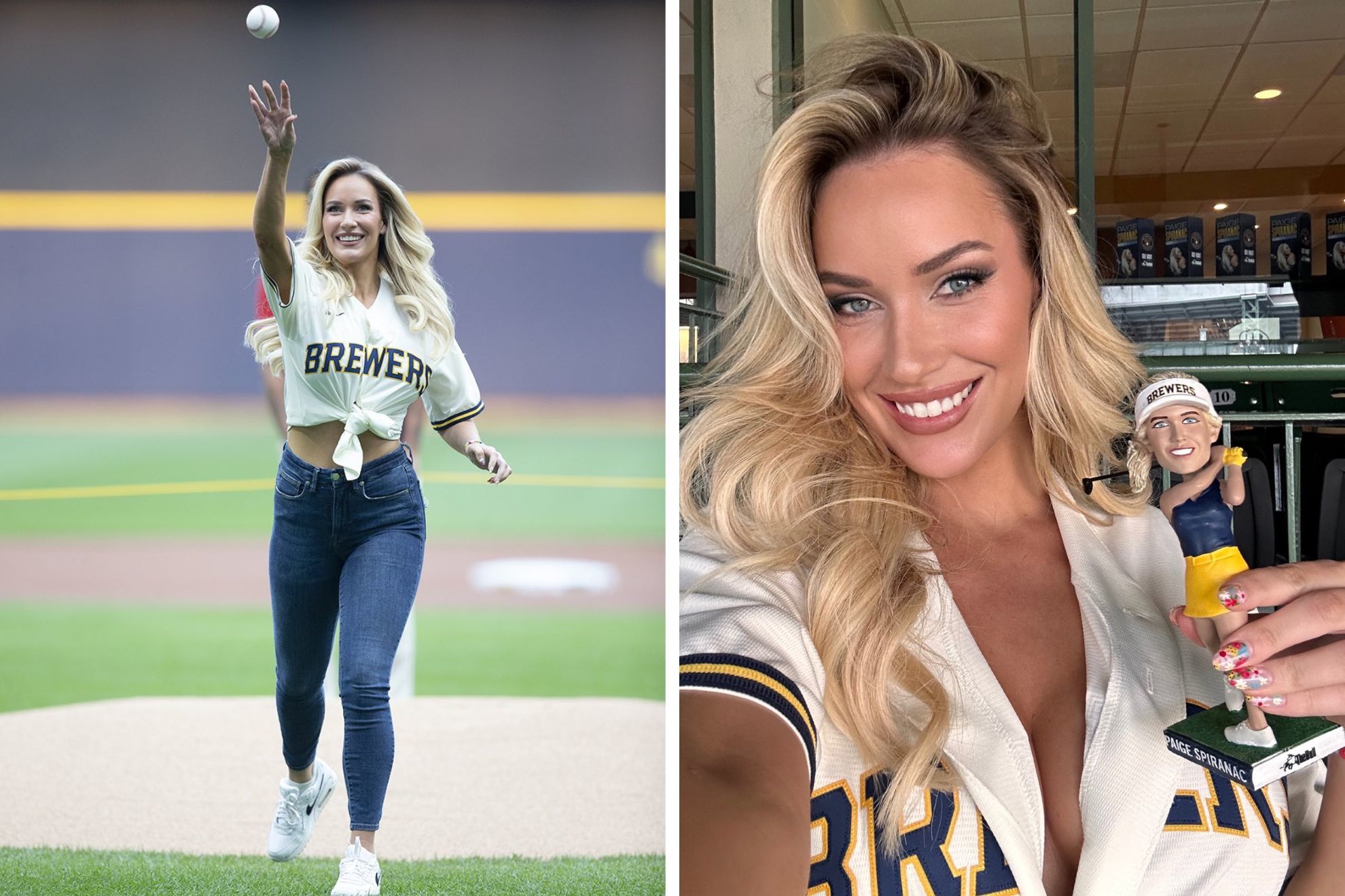 Golf influencer Paige Spiranac shows off bobblehead after throwing first pitch