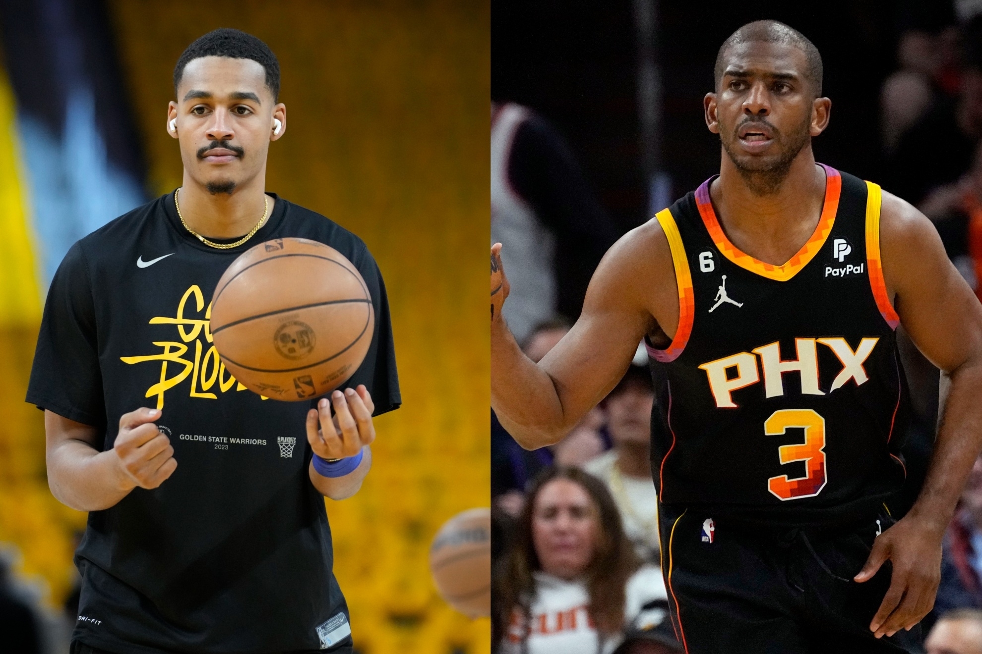 Mashup image of Jordan Poole and Chris Paul