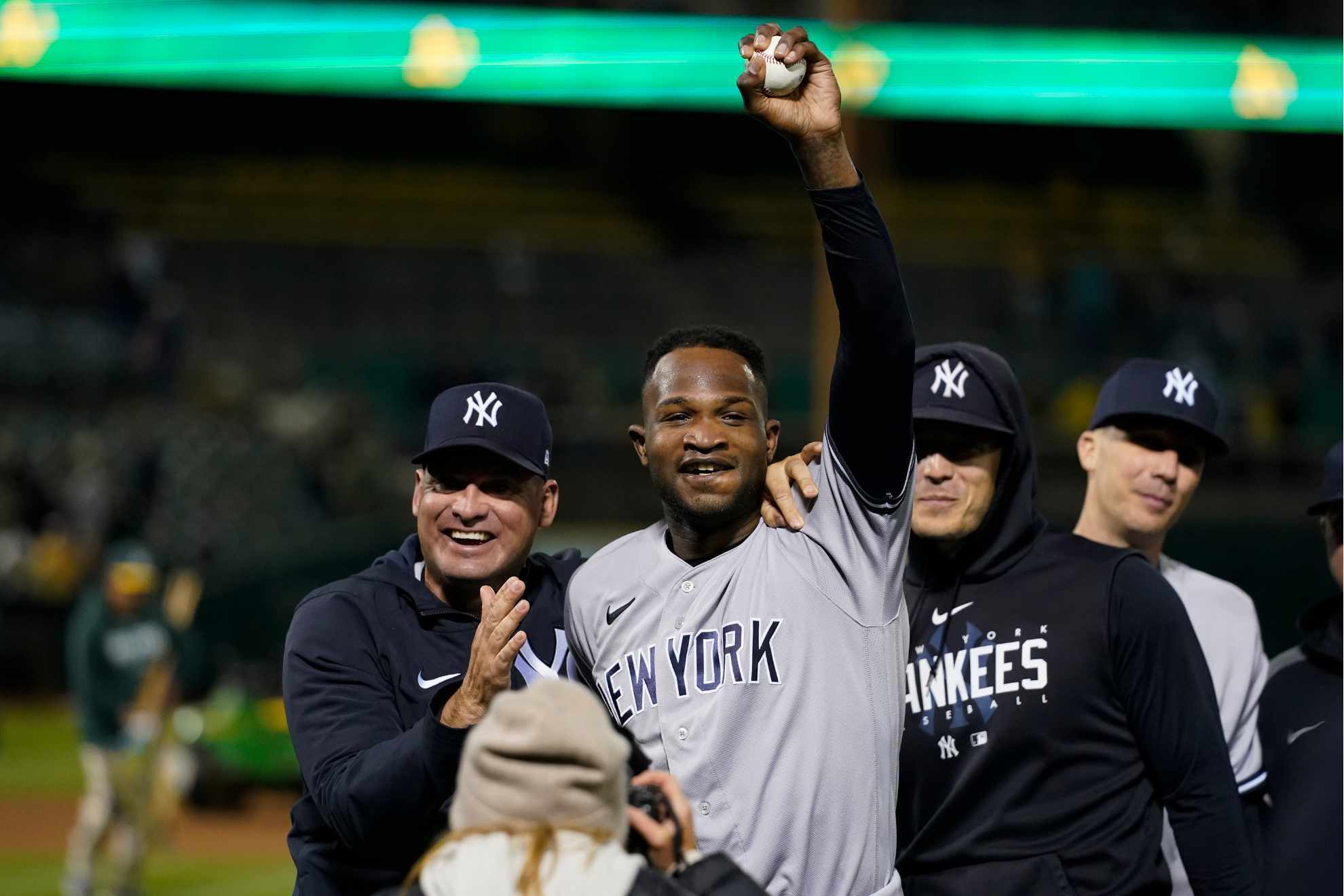 Domingo Germ�n celebrates perfect game with Yankees teammates in Oakland.