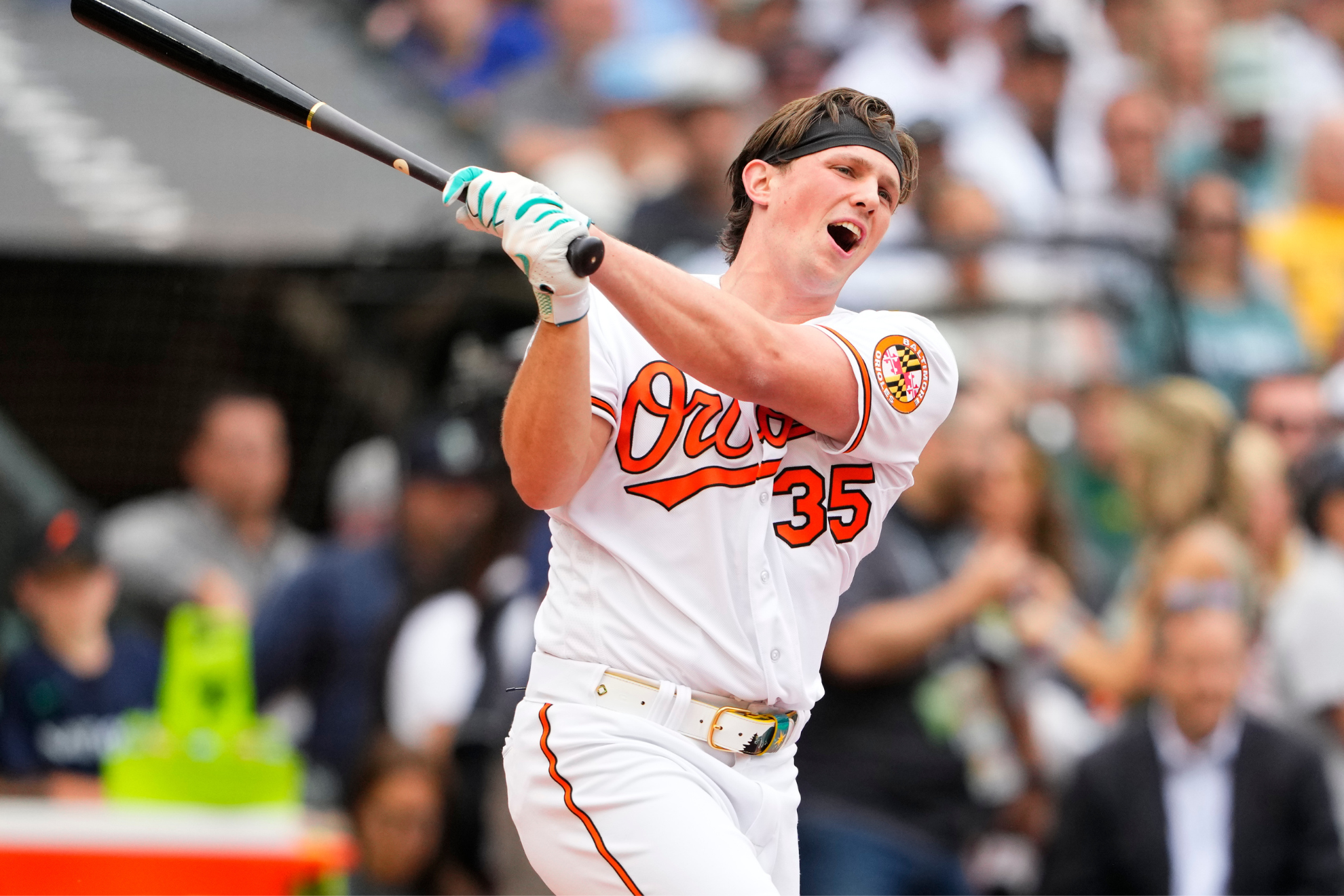 Rutschman swings during the Home Run Derby in Seattle.