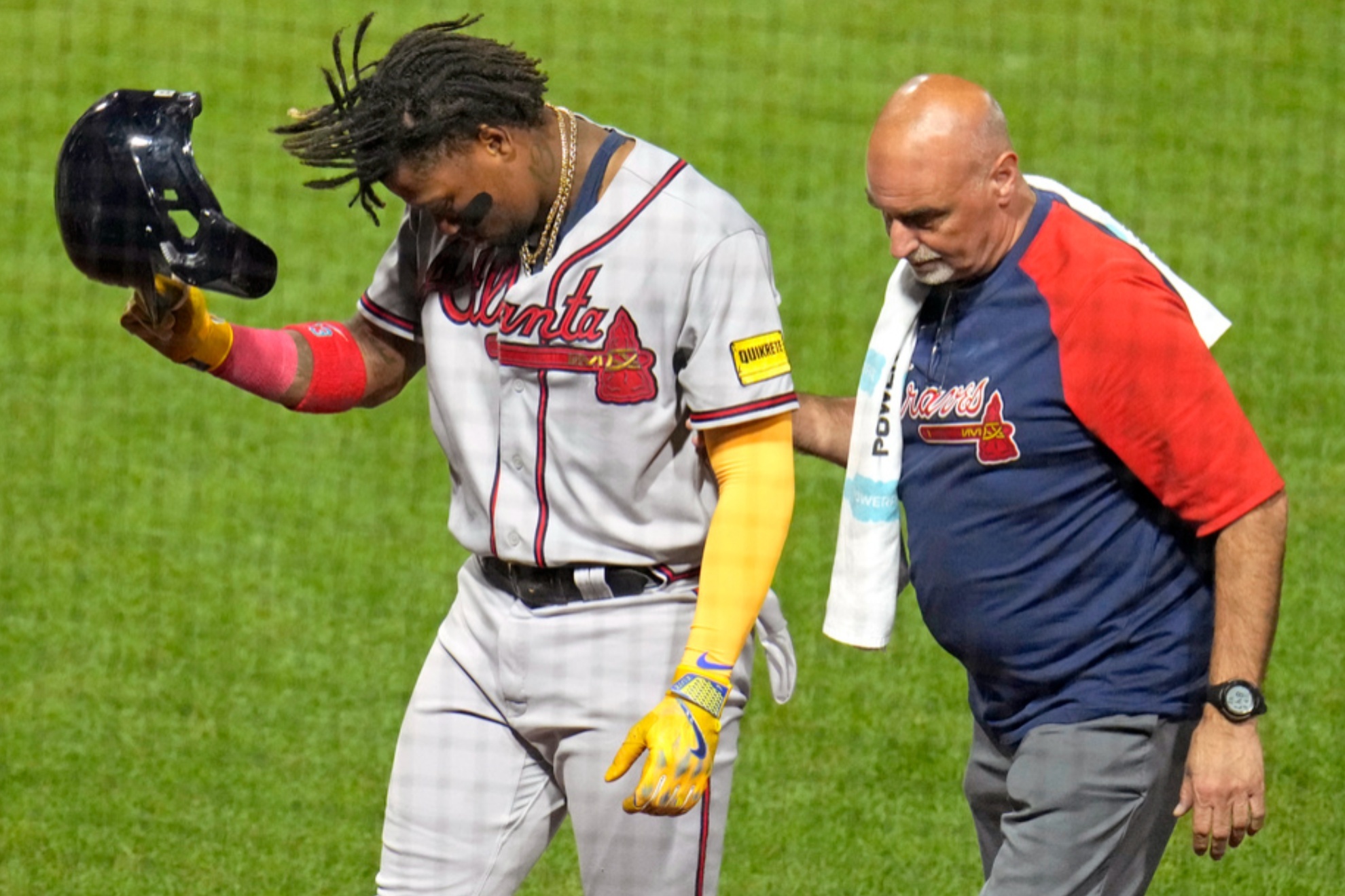 Braves star slugger Ronald Acu�a was hit by a 97mph pitch