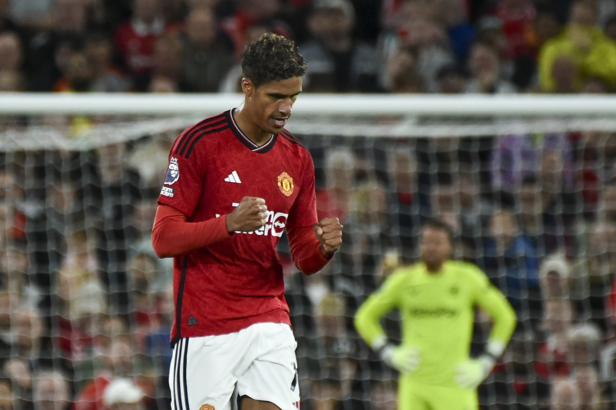 Manchester Uniteds Raphael Varane celebrates after scoring