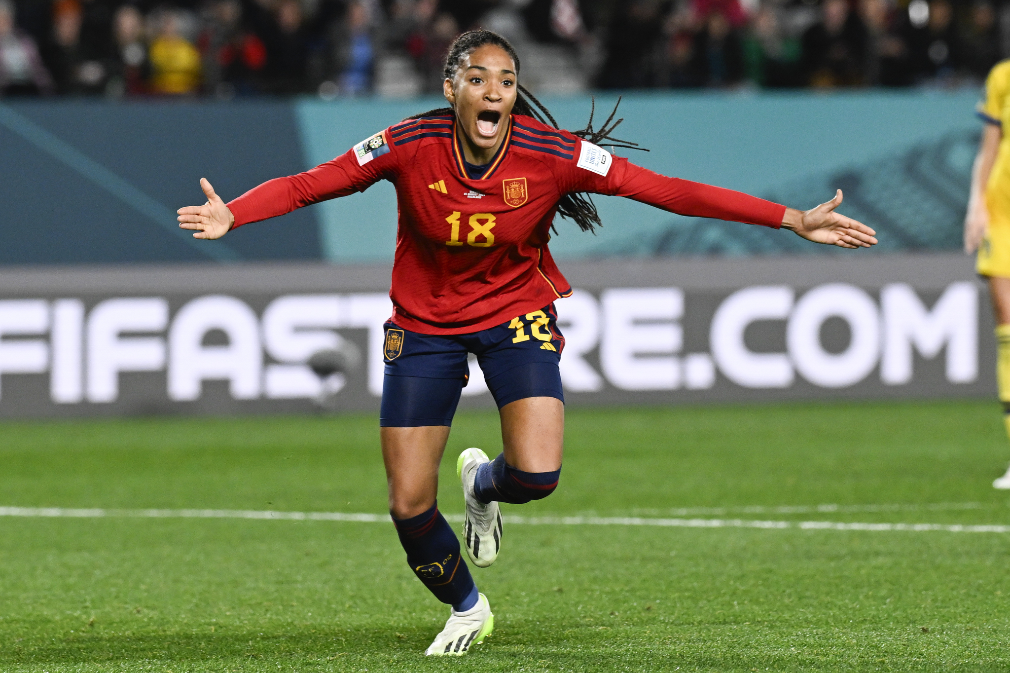 Spains Salma Paralluelo celebrates after scoring her teams first goal during their Womens World Cup semi-final win over Sweden.