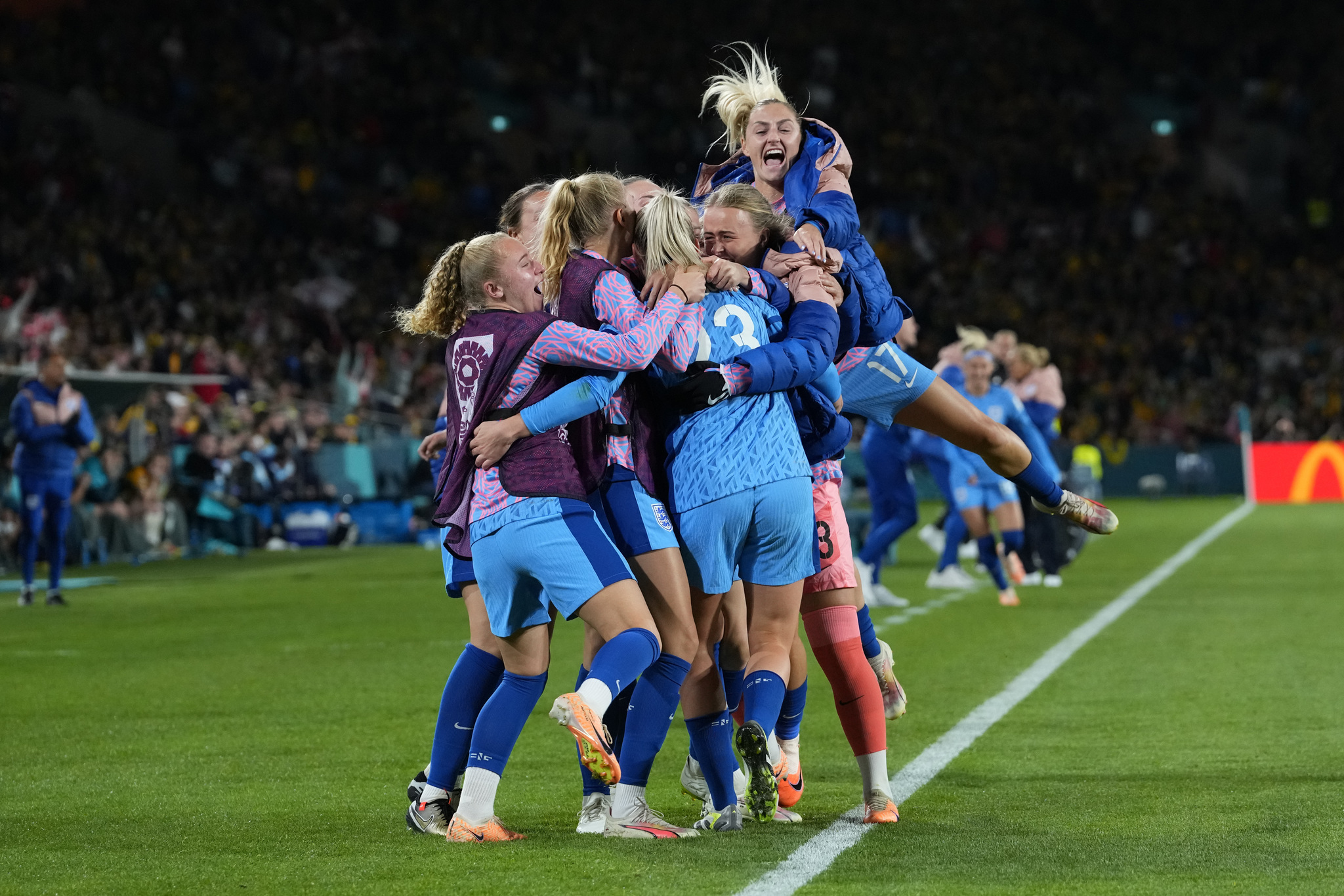 England players celebrate after Alessia Russo scored her sides third goal