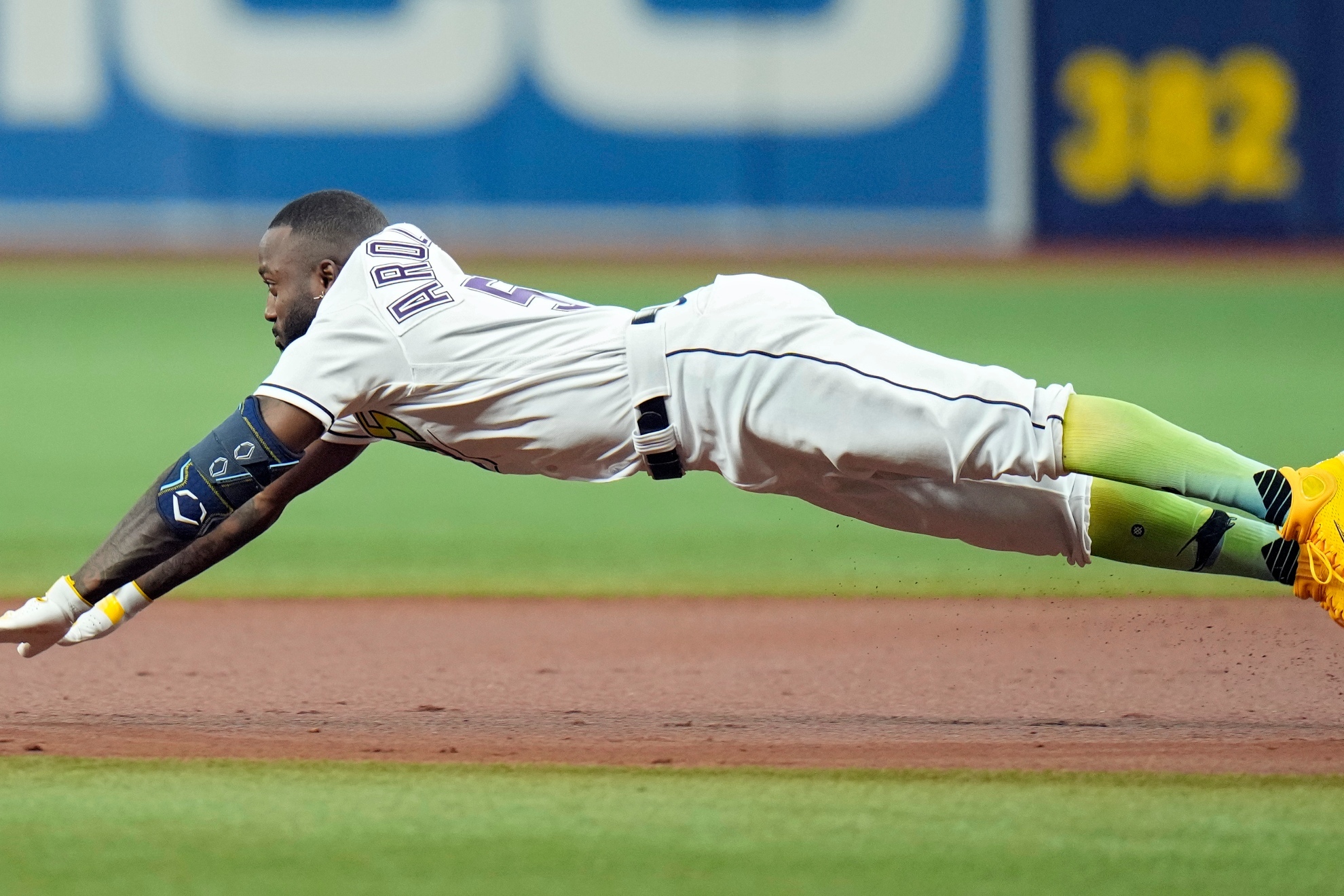 Randy Arozarena stealing a base for the Tampa Bay Rays