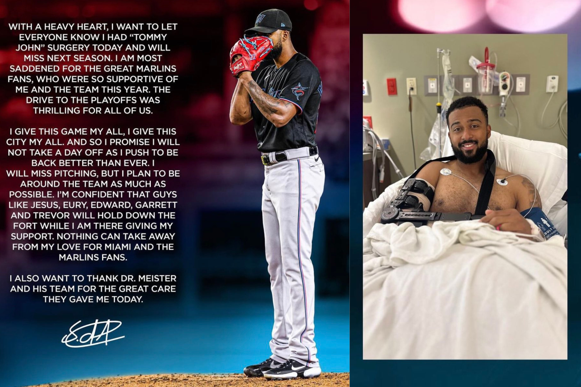 Sandy Alcantara announces his Tommy John Surgery on social media.