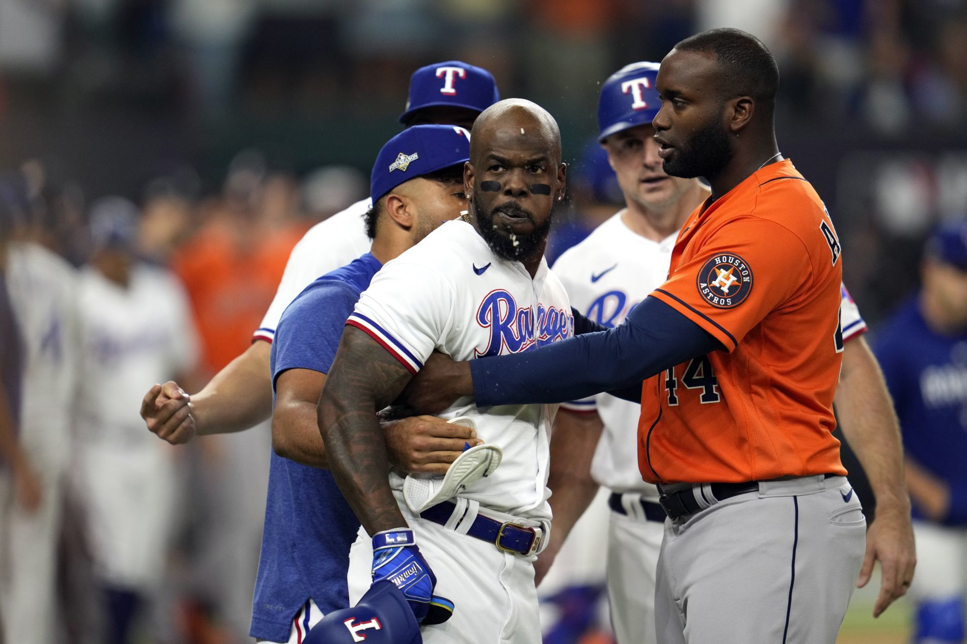 Brawl in Rangers vs Astros after Adolis Garcia is hit by pitch