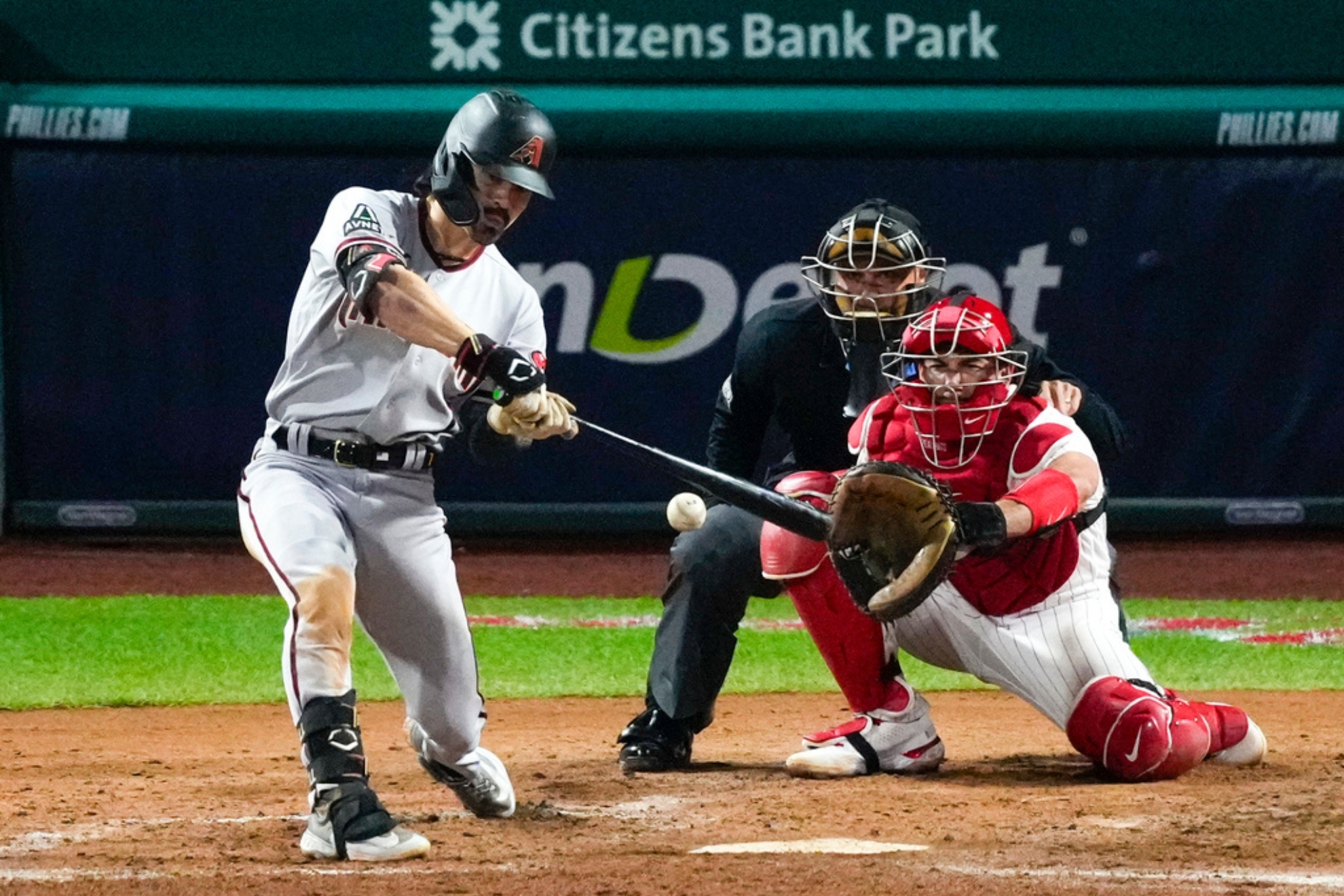 Arizona Diamondbacks Corbin Carroll hits an RBI single against the Philadelphia Phillies during the fifth inning in Game 7 of the baseball NL Championship Series