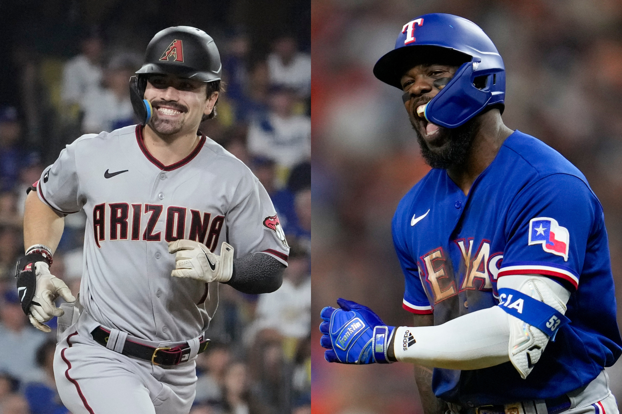 Star outfielders Corbin Carroll (left) and Adolis Garcia (right) will square off in the World Series.