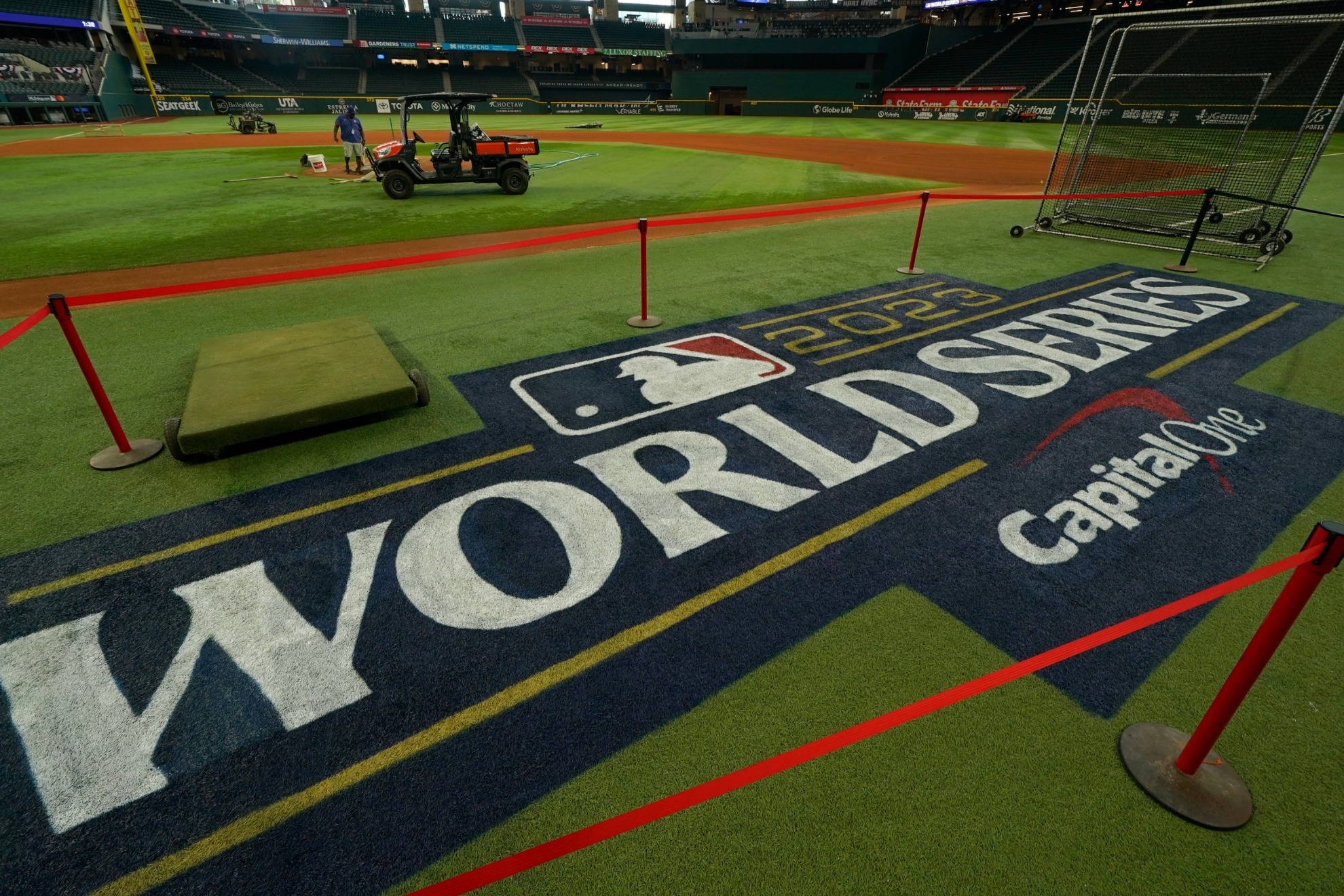 Signage is seen near the infield at Globe Life Field ahead of the World Series between the Texas Rangers and the Arizona Diamondbacks.