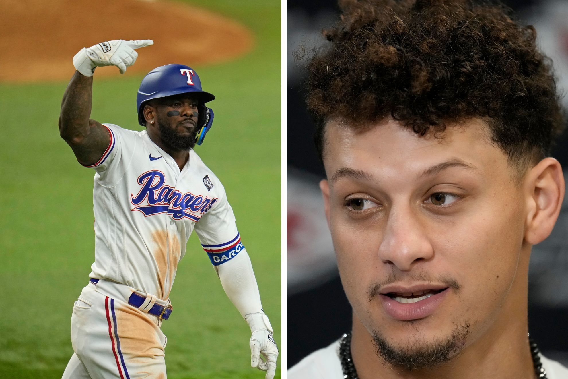 Rangers superfan Patrick Mahomes celebrates Adolis Garcias walkoff HR in Game 1