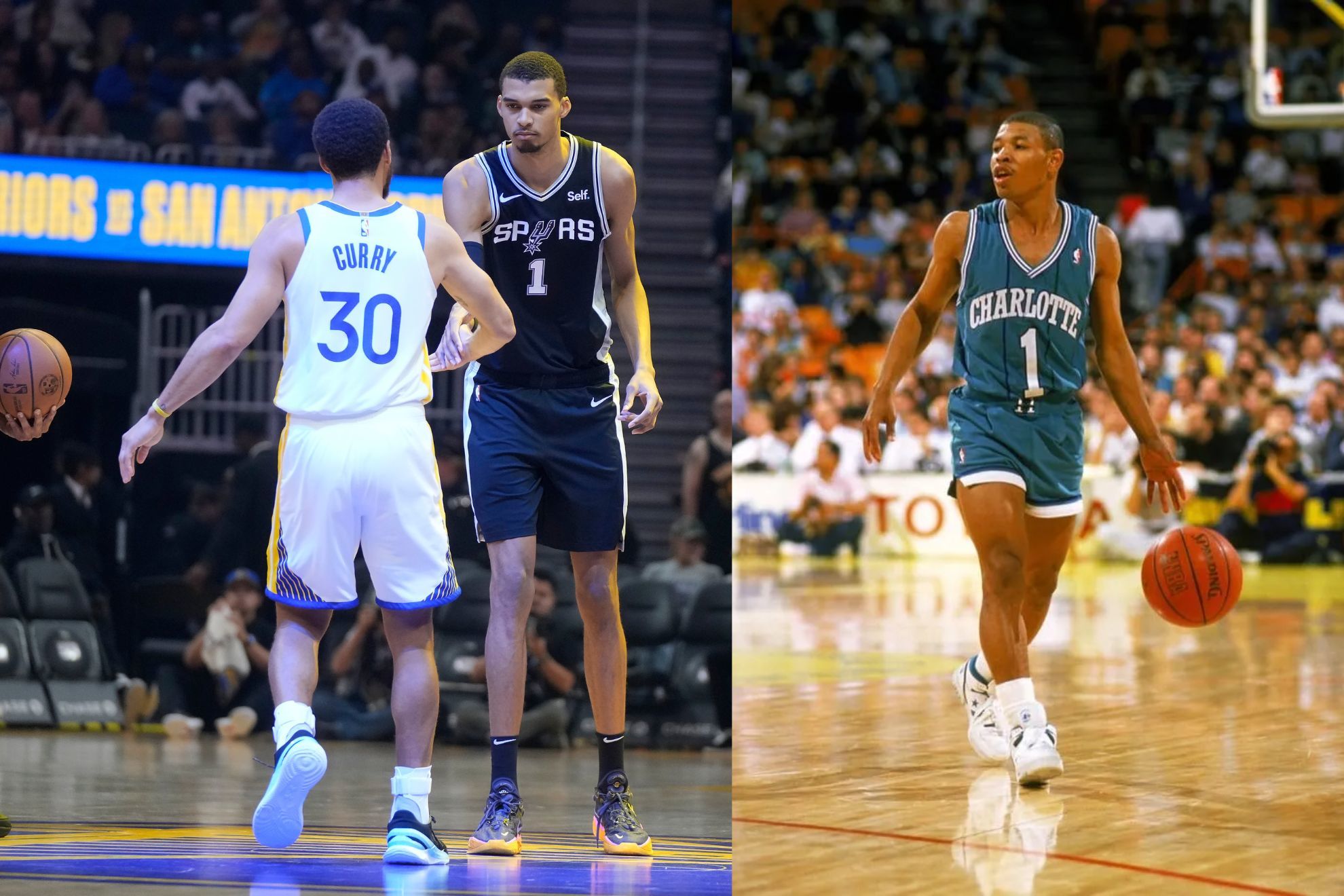 Stephen Curry and Victor Wembanyama greet each other before going head to head in a preseason tip-off. (Right) Muggsy Bogues, former Charlotte Hornets point guard.