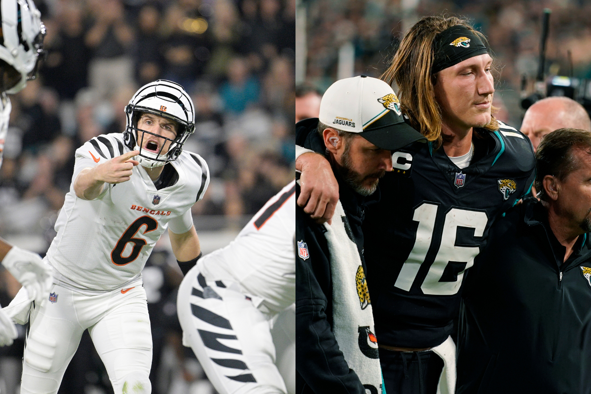 Browning (left) led the Bengals to a huge win, while Lawrence (right) went for X-rays on his injured ankle.