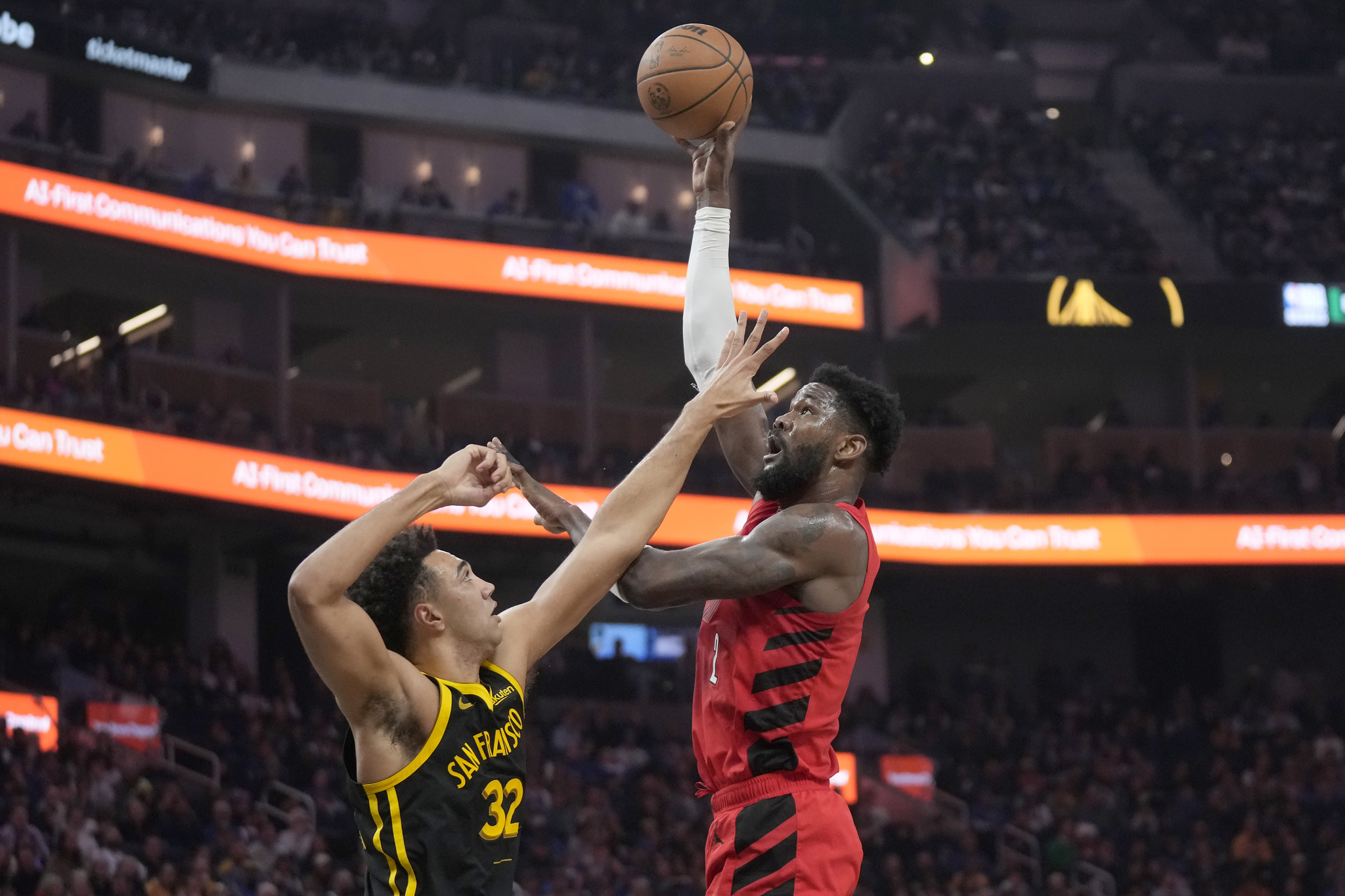 Portland Trail Blazers center Deandre Ayton going up for a shot