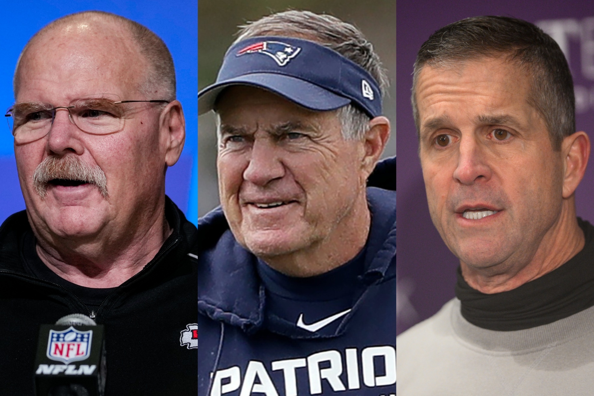 Andy Reid (Chiefs), Bill Belichick and John Harbaugh (Ravens).