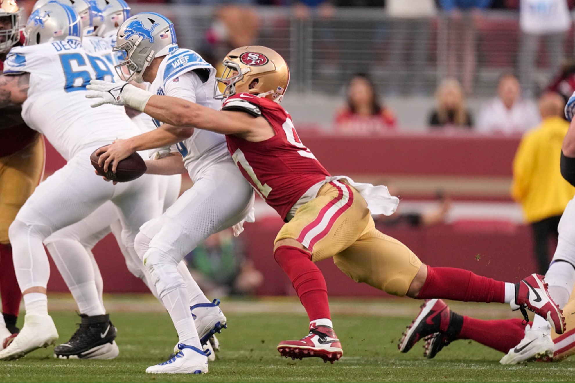 Nick Bosa sacking Jared Goff during the NFC Championship game.