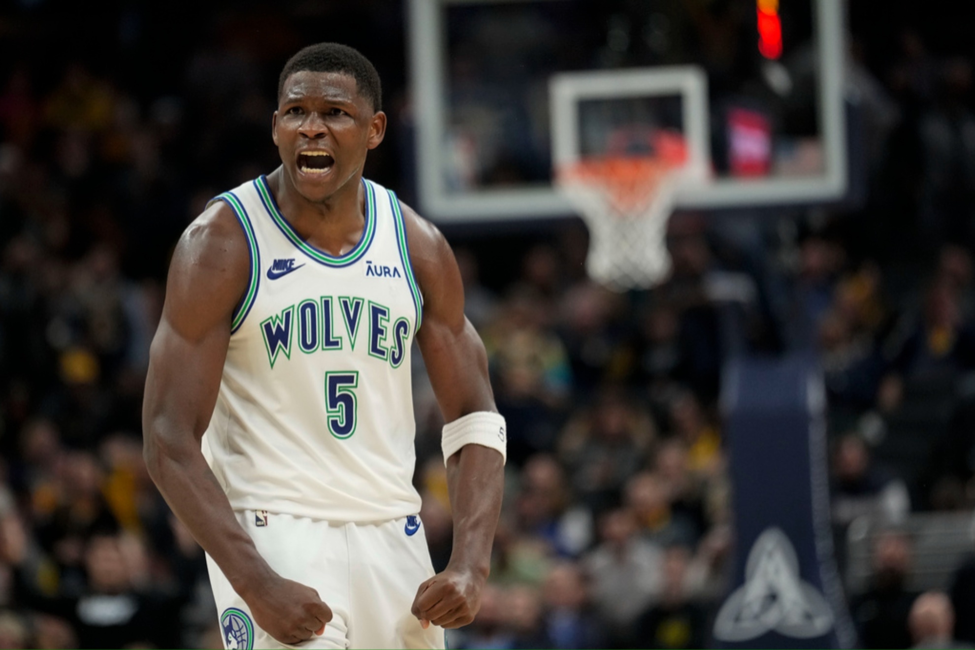 Anthony Edwards reacts after scoring against the Indiana Pacers.