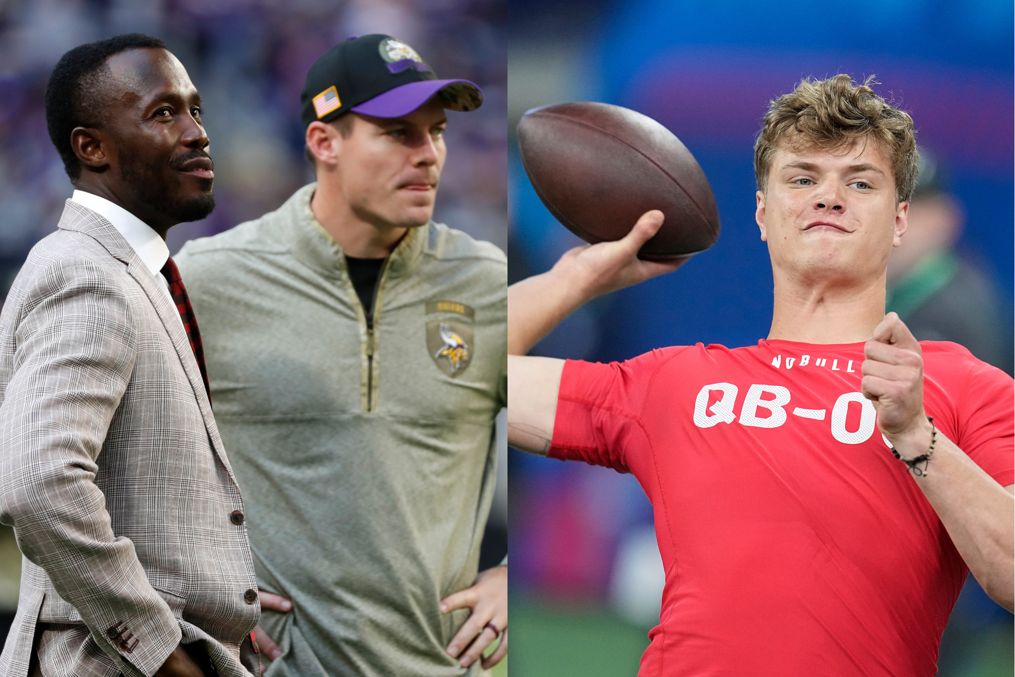 GM Kwesi Adofo-Mensah and head coach Kevin OConnell (left) are eyeing Michigan quarterback J.J. McCarthy (right)